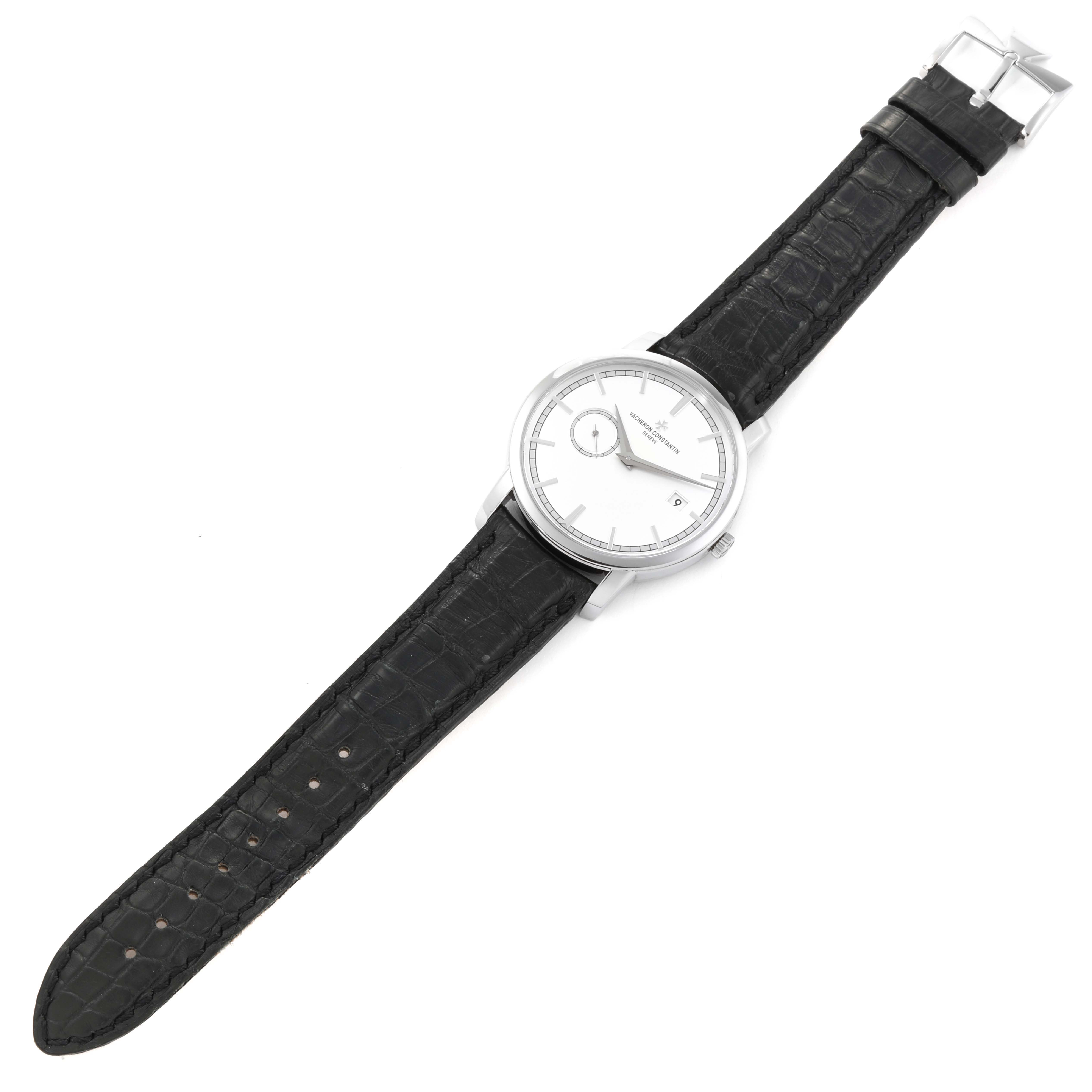 The Vacheron Constantin Traditionnelle 87172/000G-9301 Men's White Gold Silver Dial 87172/000G-9301 Men's White Gold Silver Dial watch is shown from a top-down angle, displaying the entire face, strap, and buckle.