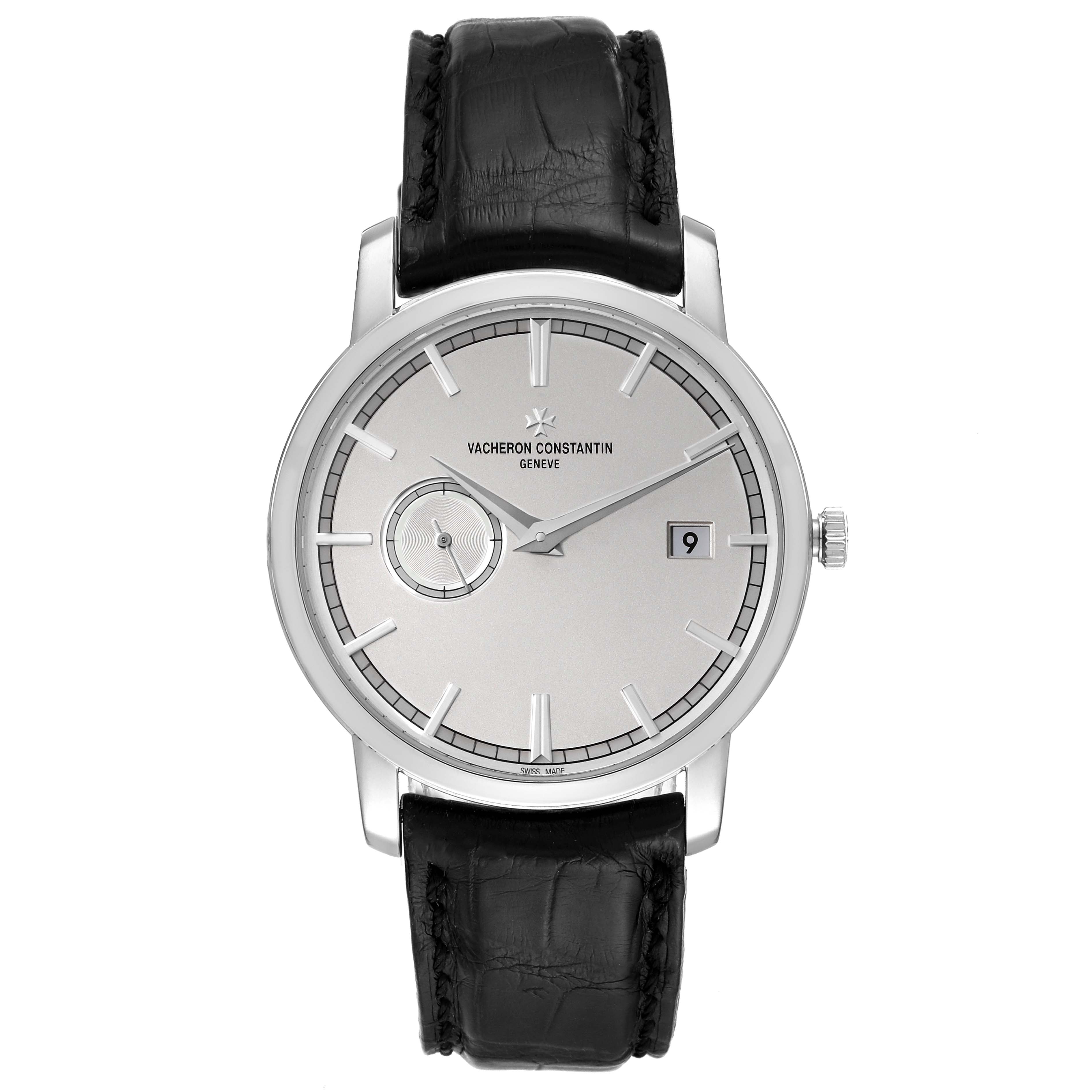 The Vacheron Constantin Traditionnelle 87172/000G-9301 Men's White Gold Silver Dial 87172/000G-9301 Men's White Gold Silver Dial watch is shown from the front, displaying its dial, hands, date window, and leather strap.