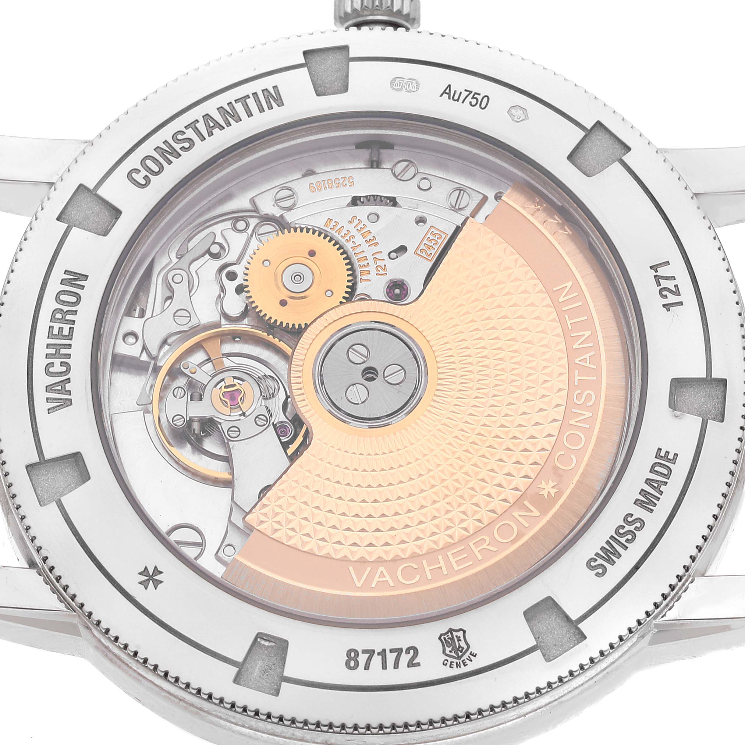 The image shows the case back of a Vacheron Constantin Traditionnelle 87172/000G-9301 Men's White Gold Silver Dial 87172/000G-9301 Men's White Gold Silver Dial watch, revealing its intricate mechanical movement.