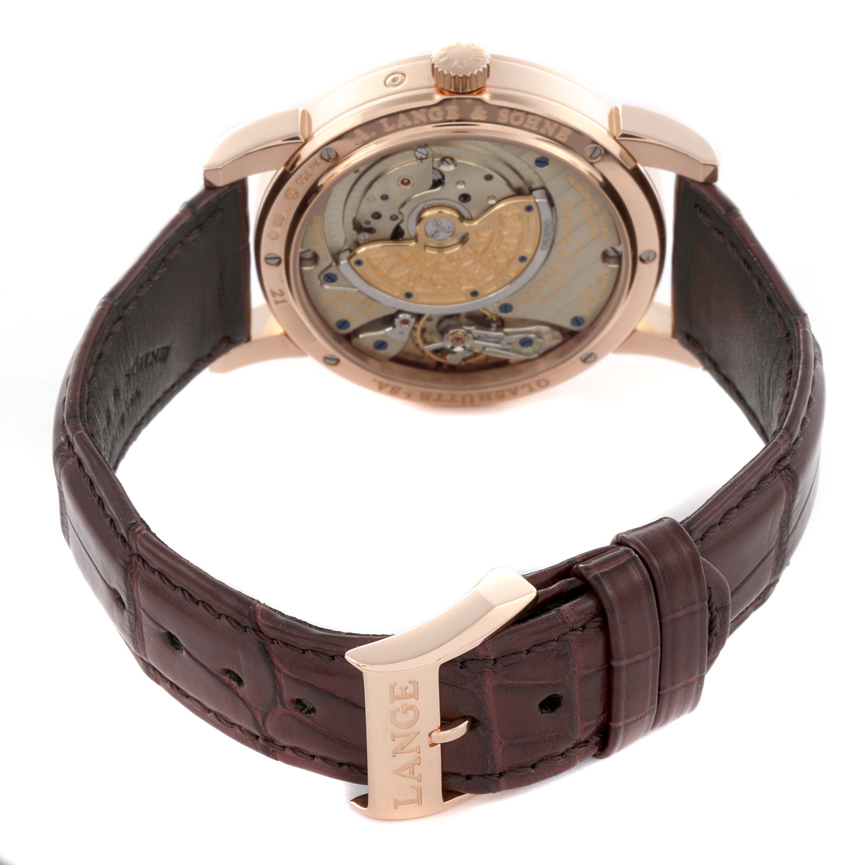 This image shows the back view of the A. Lange & Sohne Richard Lange 310.032E / LS3104AP Men's Rose Gold Silver Dial watch, displaying its movement and leather strap.