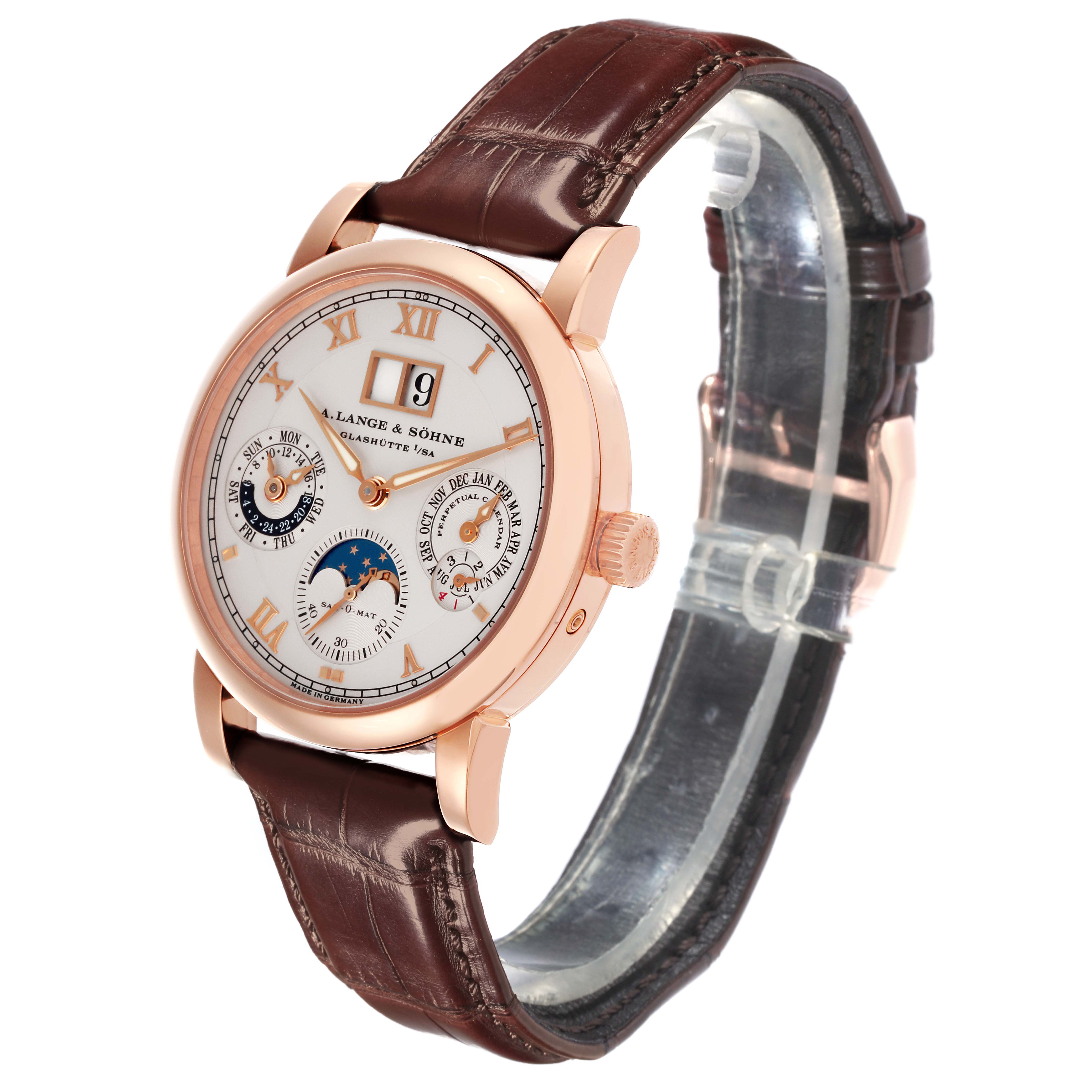 The image shows a Richard Lange watch by A. Lange & Söhne at an oblique angle, highlighting the dial, case, and strap.