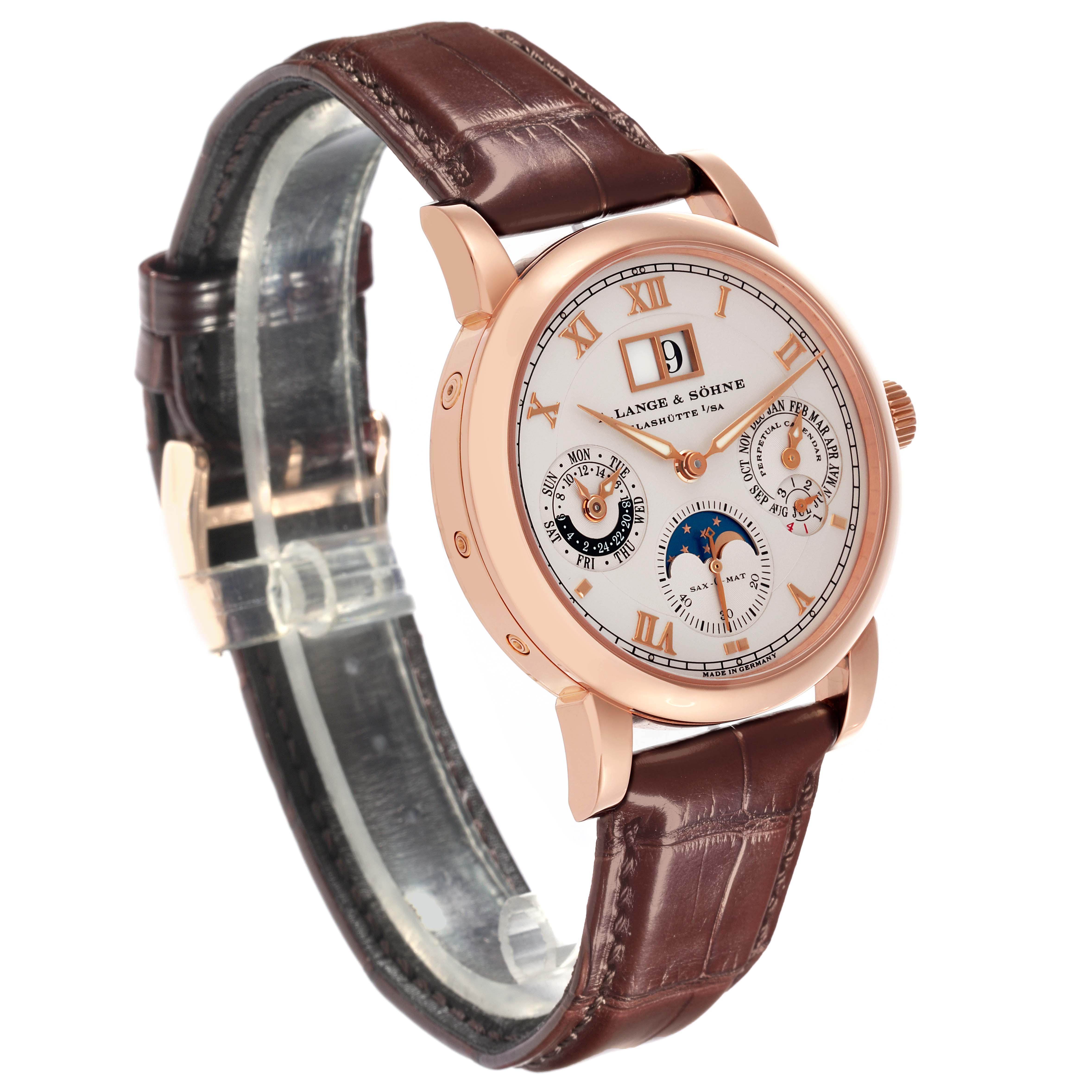 The Richard Lange watch by A. Lange & Söhne is shown at a three-quarter angle, highlighting the dial, case, and leather strap.