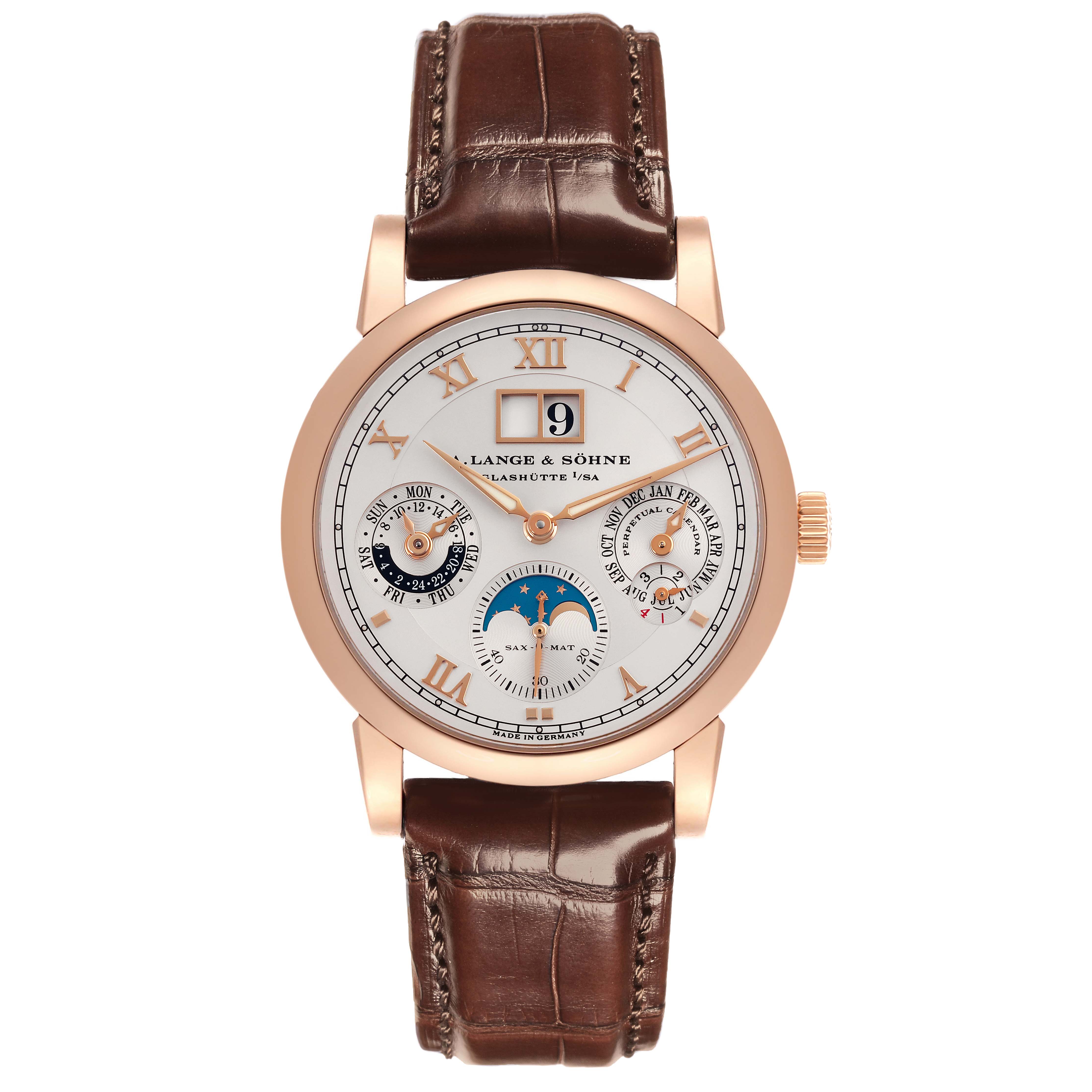 The Richard Lange model by A. Lange & Söhne is shown front-on, featuring its dial, complications, and brown leather strap.