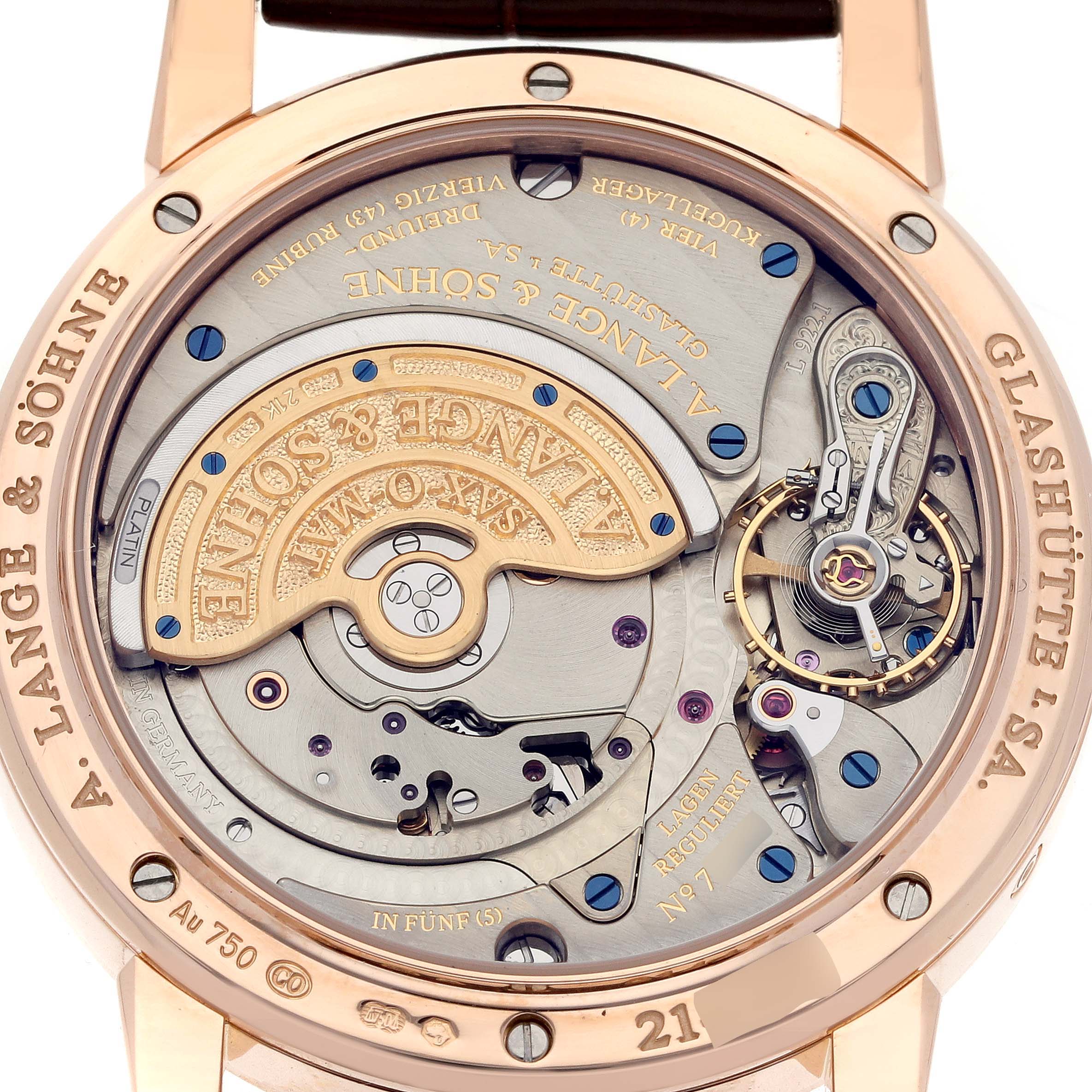 The image shows the back of the A. Lange & Sohne Richard Lange 310.032E / LS3104AP Men's Rose Gold Silver Dial, highlighting its intricate movement and engravings.