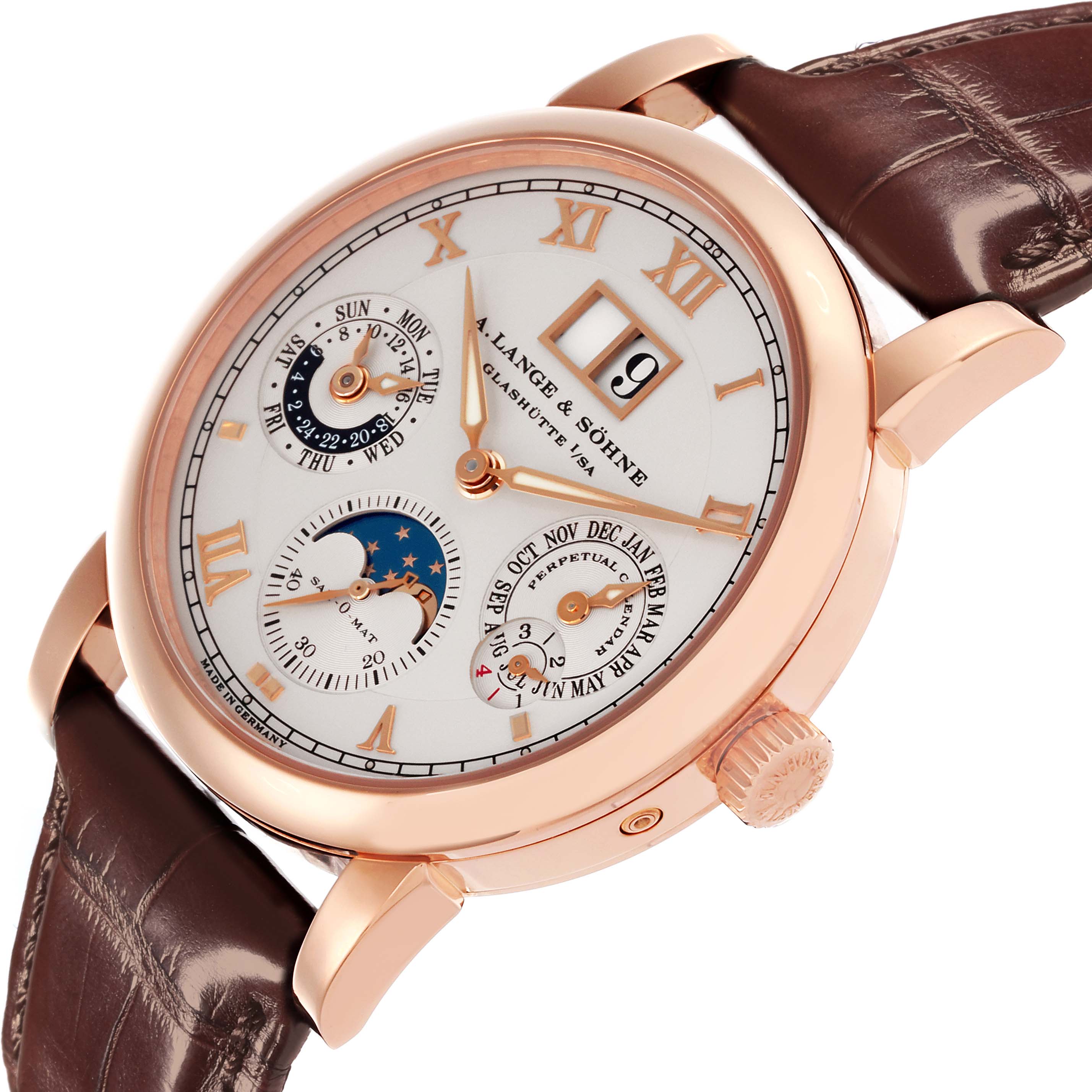 The Richard Lange watch by A. Lange & Söhne is shown at an angled view, displaying the dial, subdials, crown, and leather strap.