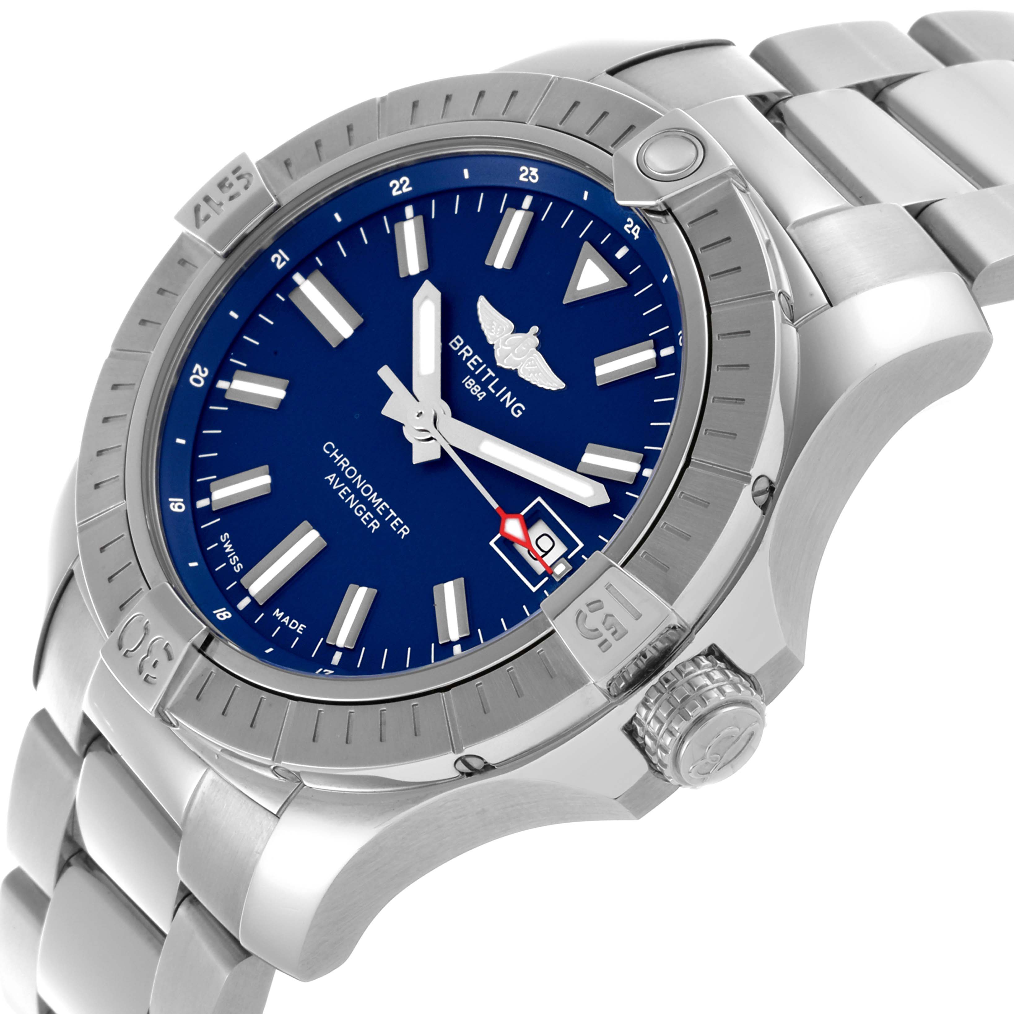 The Breitling Avenger A17318101C1A1 Men's Stainless Steel Blue Dial A17318101C1A1 Men's Stainless Steel Blue Dial watch is shown at a tilted angle, highlighting the dial, bezel, crown, and part of the bracelet.