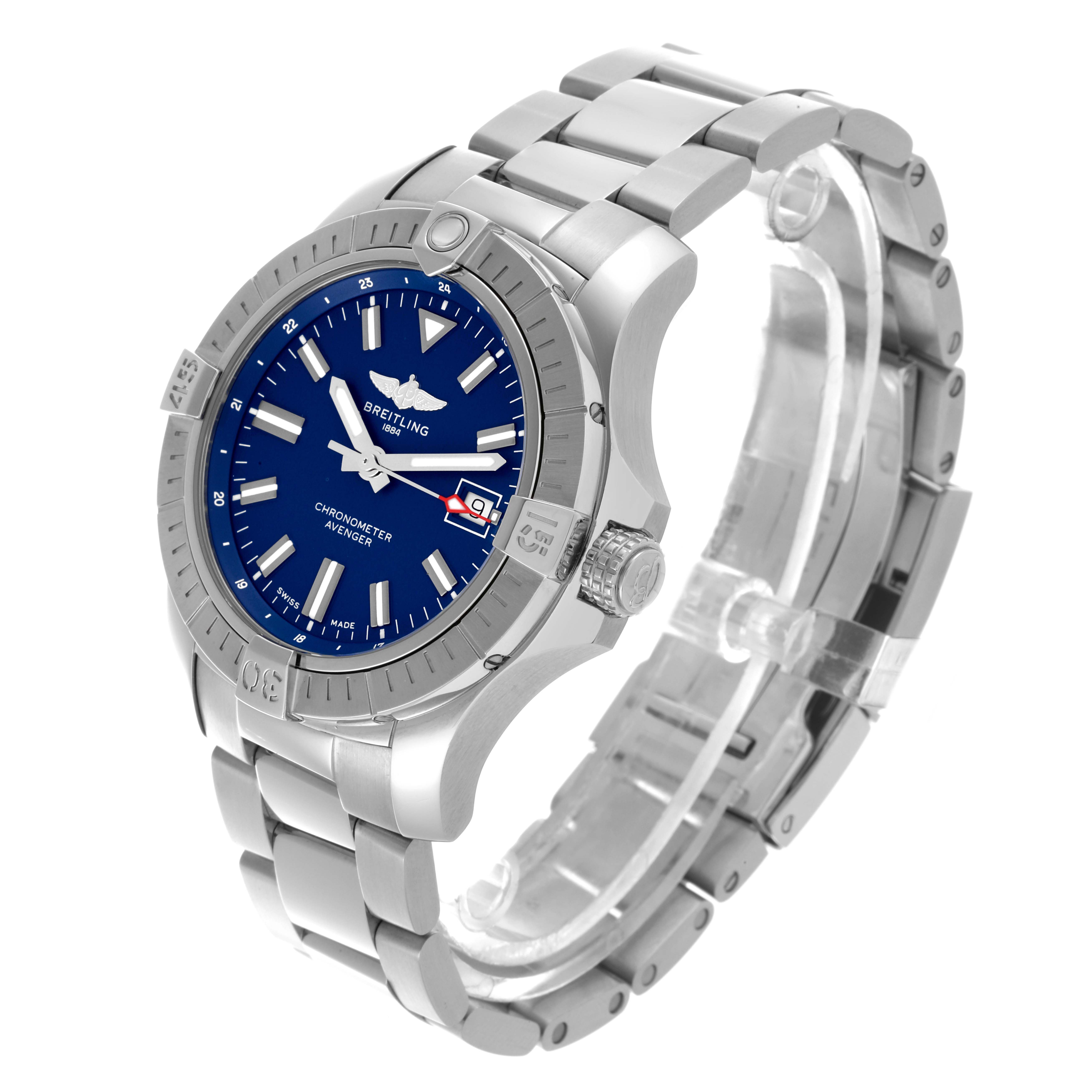 The Breitling Avenger A17318101C1A1 Men's Stainless Steel Blue Dial A17318101C1A1 Men's Stainless Steel Blue Dial watch is shown at a three-quarter angle, highlighting the dial, bezel, bracelet, and crown.
