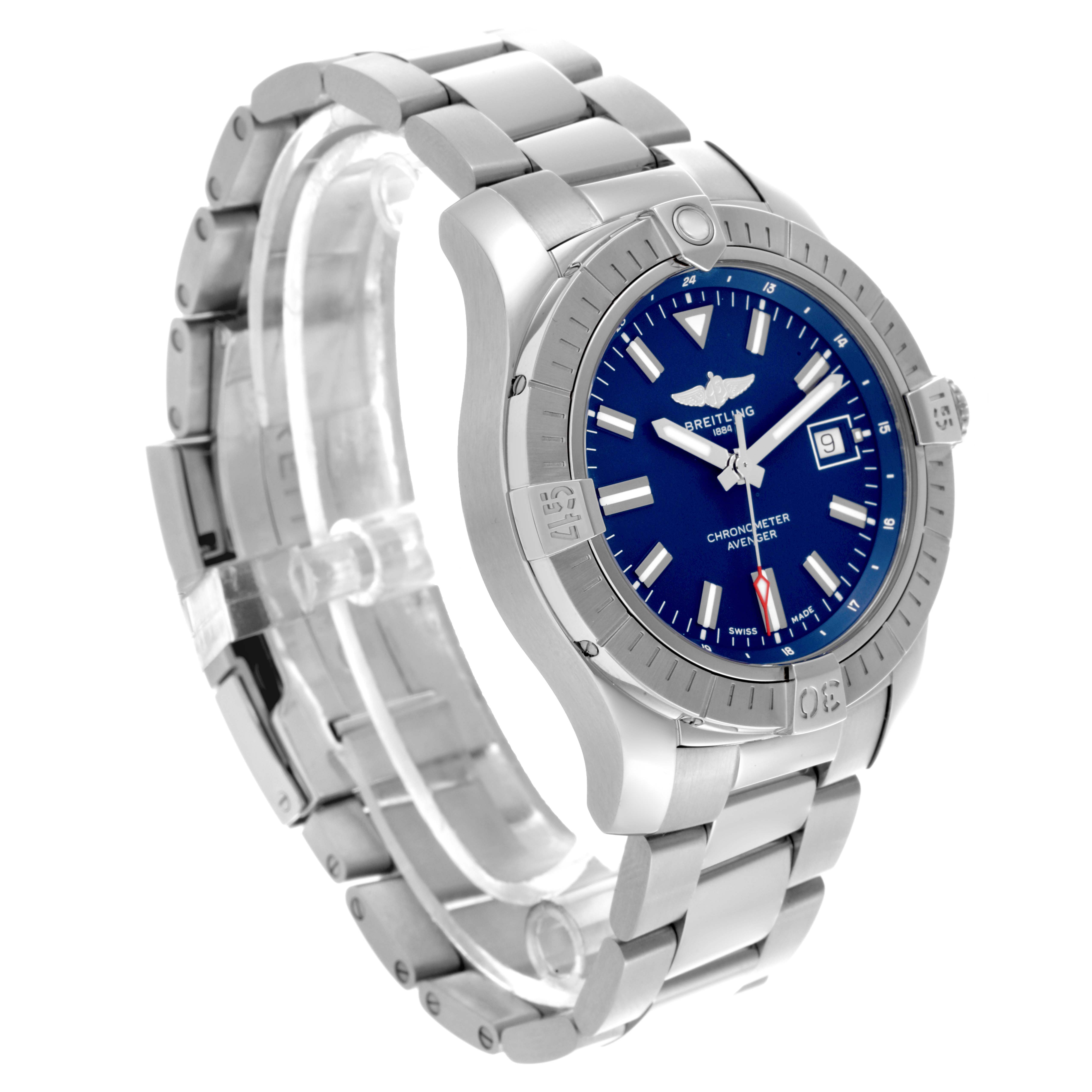 The Breitling Avenger A17318101C1A1 Men's Stainless Steel Blue Dial A17318101C1A1 Men's Stainless Steel Blue Dial watch is shown at a three-quarter angle, highlighting the blue dial, bezel, and stainless steel bracelet.