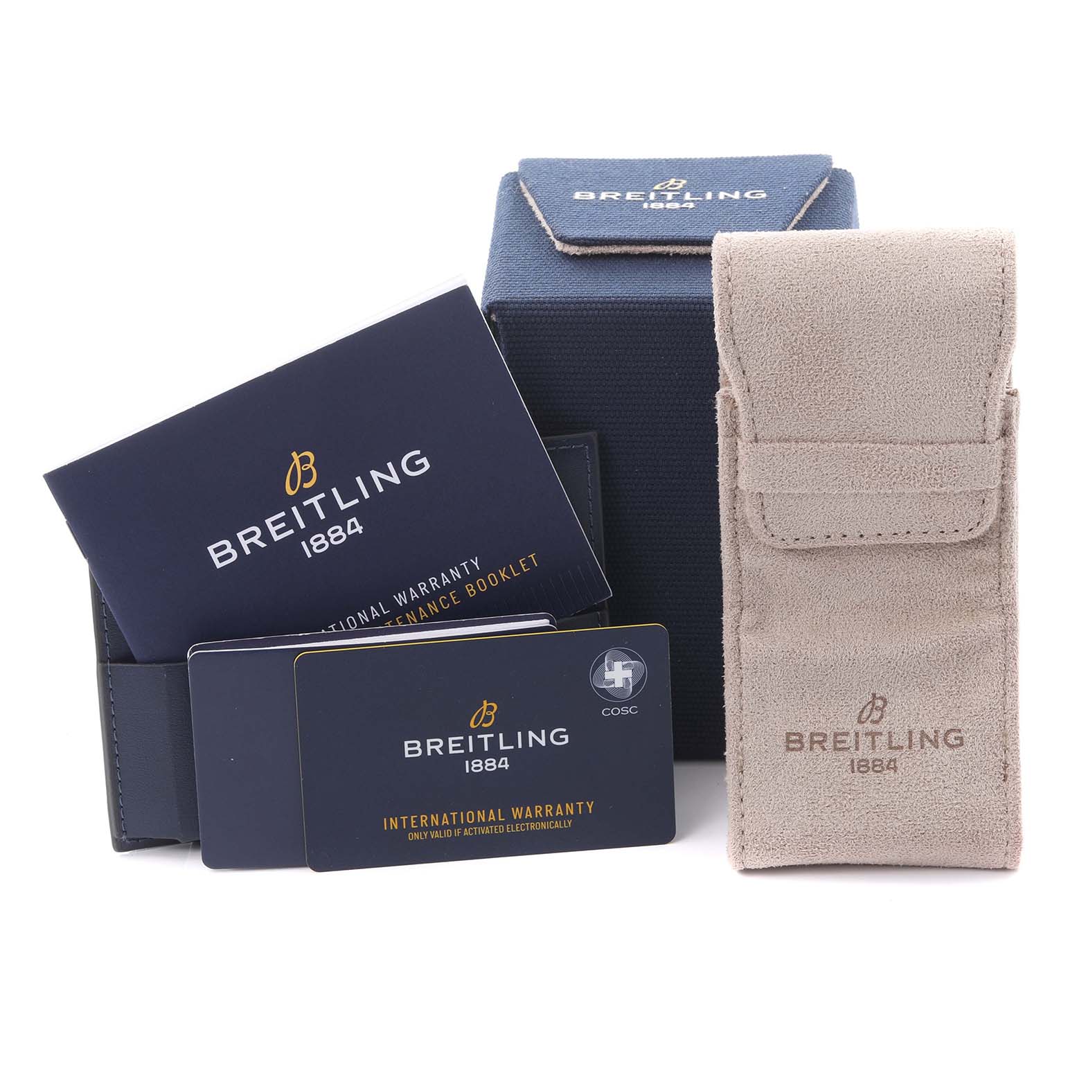 The image shows Breitling Avenger A17318101C1A1 Men's Stainless Steel Blue Dial A17318101C1A1 Men's Stainless Steel Blue Dial watch accessories, including the packaging, leather pouch, warranty cards, and manuals.