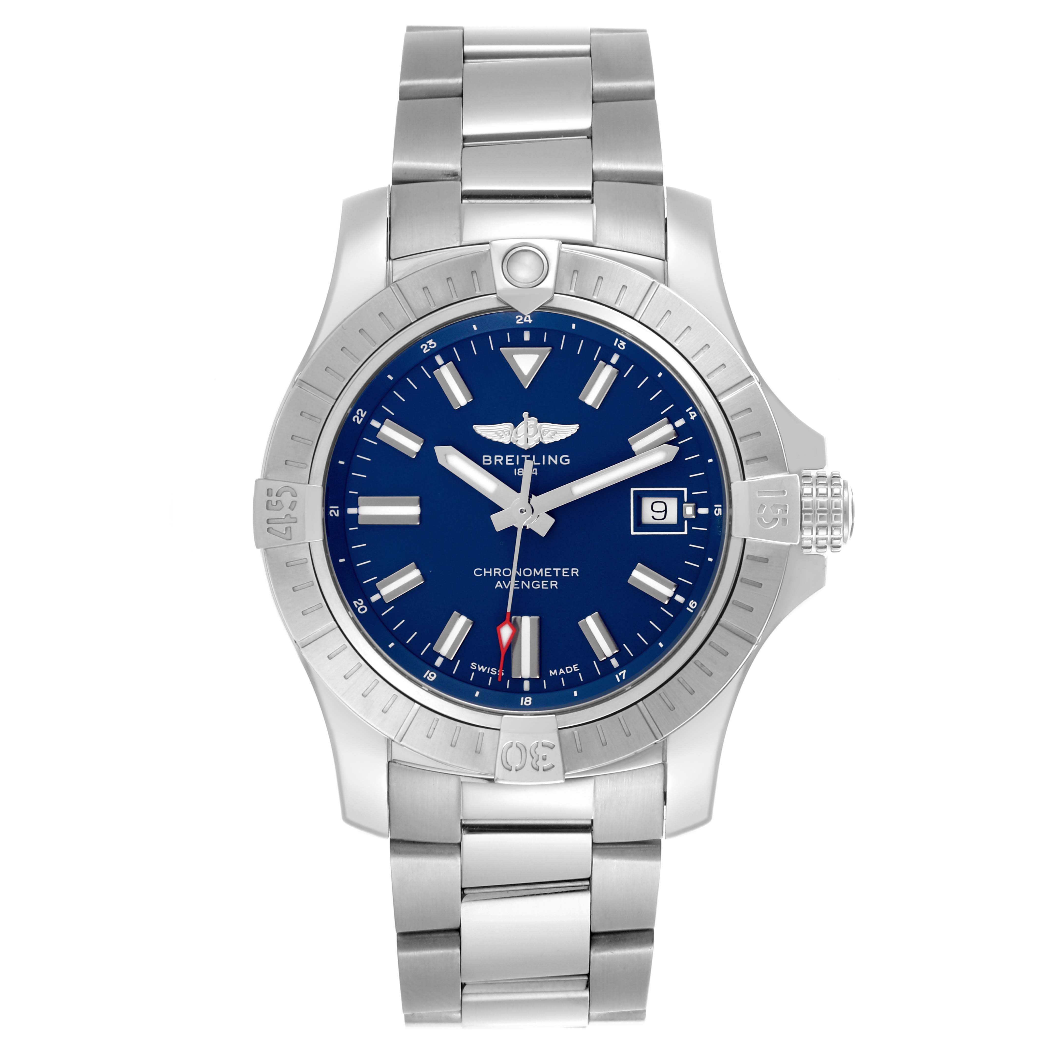 The Breitling Avenger A17318101C1A1 Men's Stainless Steel Blue Dial A17318101C1A1 Men's Stainless Steel Blue Dial watch is shown from a front view, displaying the face, bezel, and bracelet.