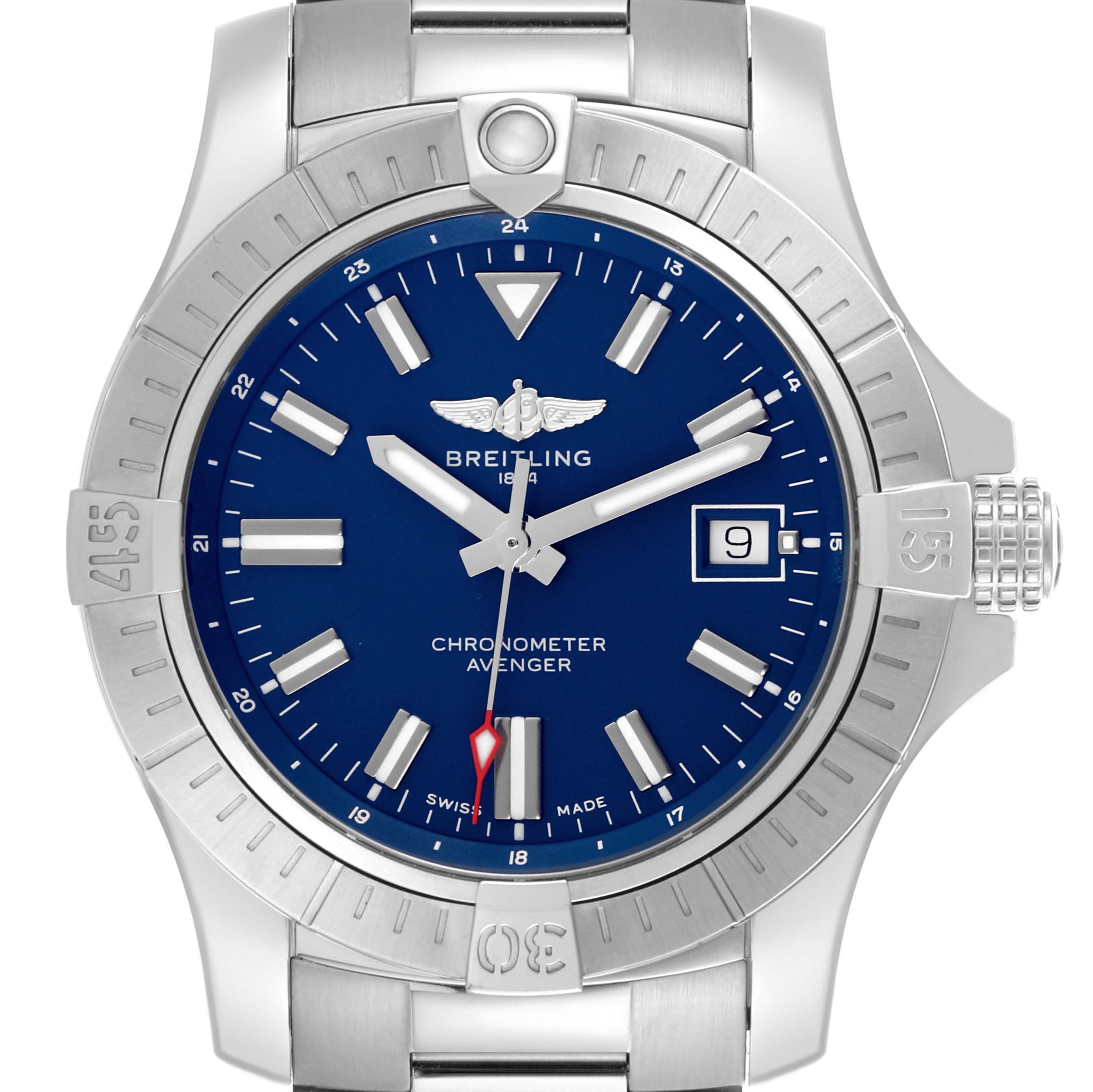 The Breitling Avenger A17318101C1A1 Men's Stainless Steel Blue Dial A17318101C1A1 Men's Stainless Steel Blue Dial watch is shown from the front, displaying the dial, bezel, and part of the bracelet.