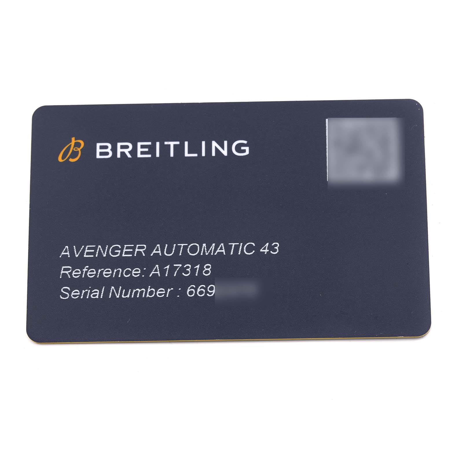 This image shows a warranty card for the Breitling Avenger A17318101C1A1 Men's Stainless Steel Blue Dial A17318101C1A1 Men's Stainless Steel Blue Dial Automatic 43, displaying reference and serial number details.