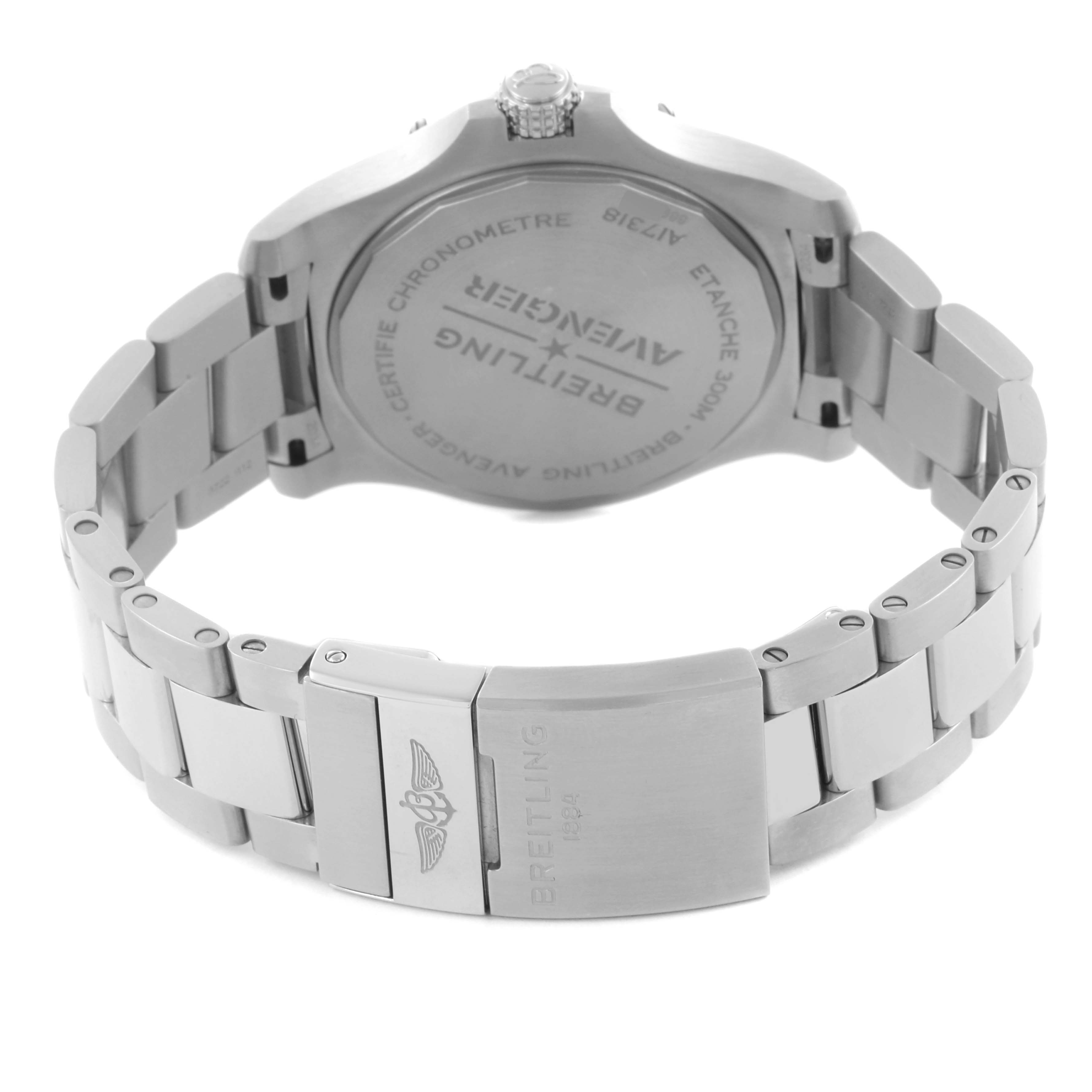 The image shows the back case and bracelet clasp of a Breitling Avenger A17318101C1A1 Men's Stainless Steel Blue Dial A17318101C1A1 Men's Stainless Steel Blue Dial watch, viewed from an angle below the wrist.