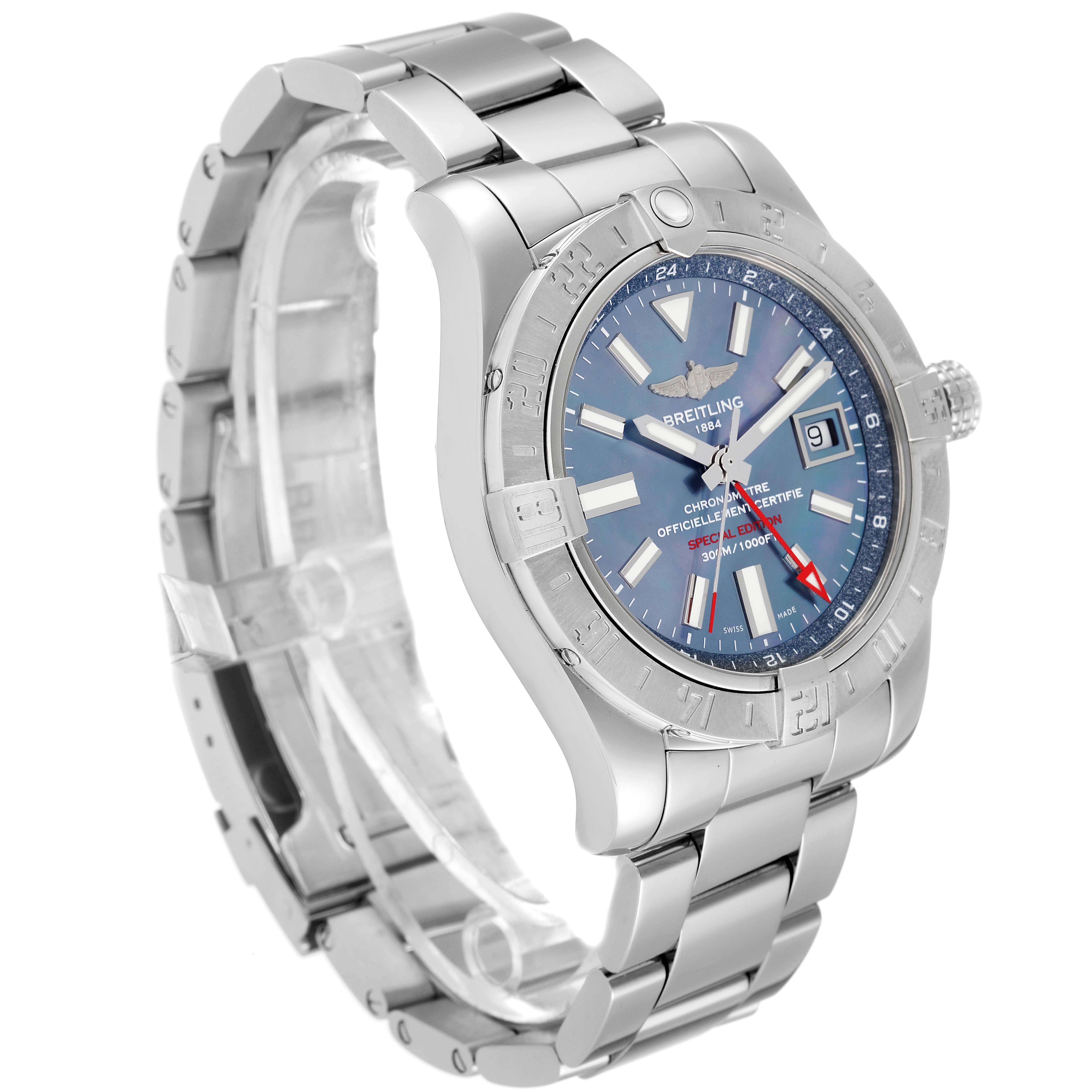 The image shows an angled view of the Breitling Avenger A3239011-C872-170A Men's Stainless Steel Mother of Pearl Dial A3239011-C872-170A Men's Stainless Steel Mother of Pearl Dial watch, highlighting its face, bezel, and metal bracelet.