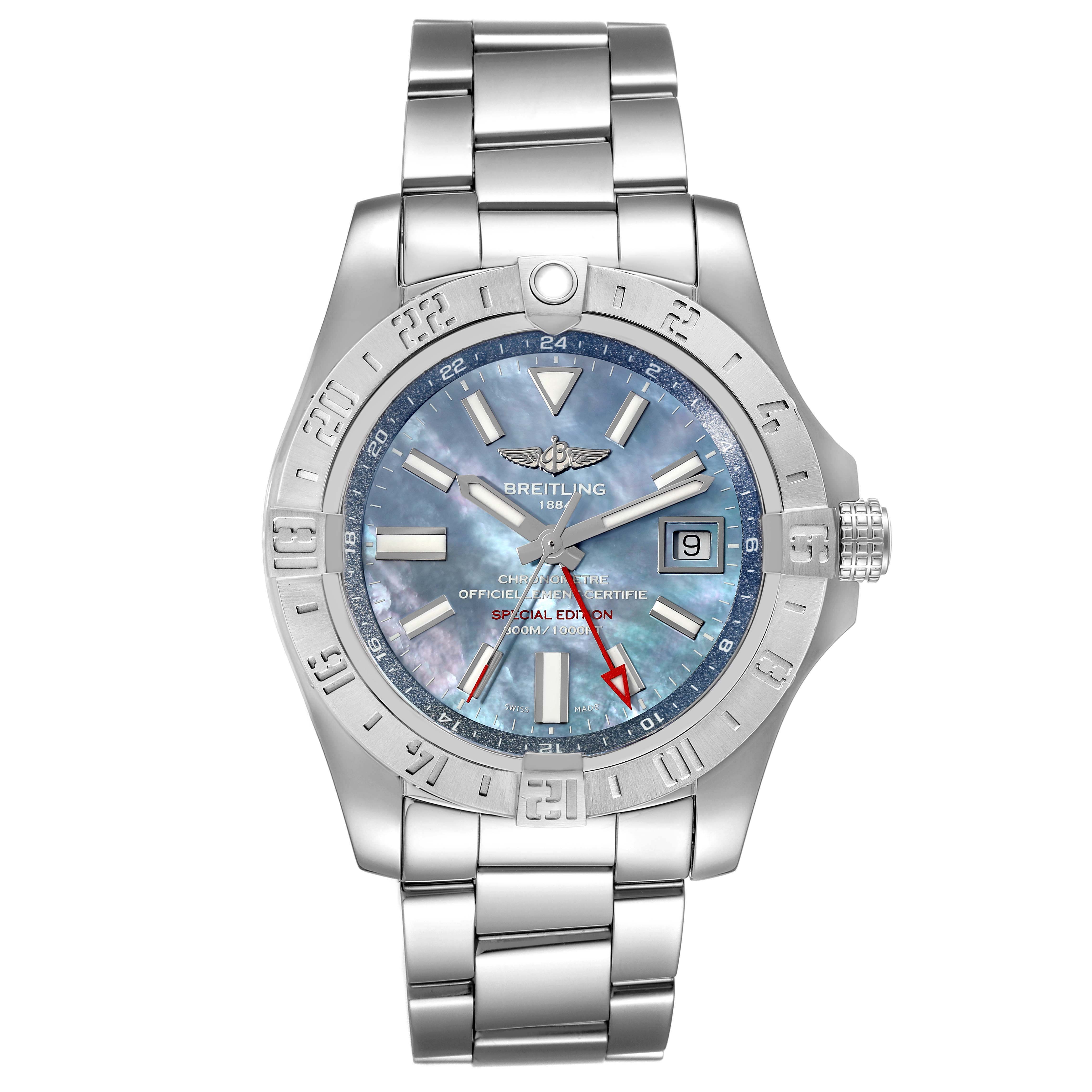 This Breitling Avenger A3239011-C872-170A Men's Stainless Steel Mother of Pearl Dial A3239011-C872-170A Men's Stainless Steel Mother of Pearl Dial watch is shown from a top-down angle, highlighting the face, bezel, and metal bracelet.