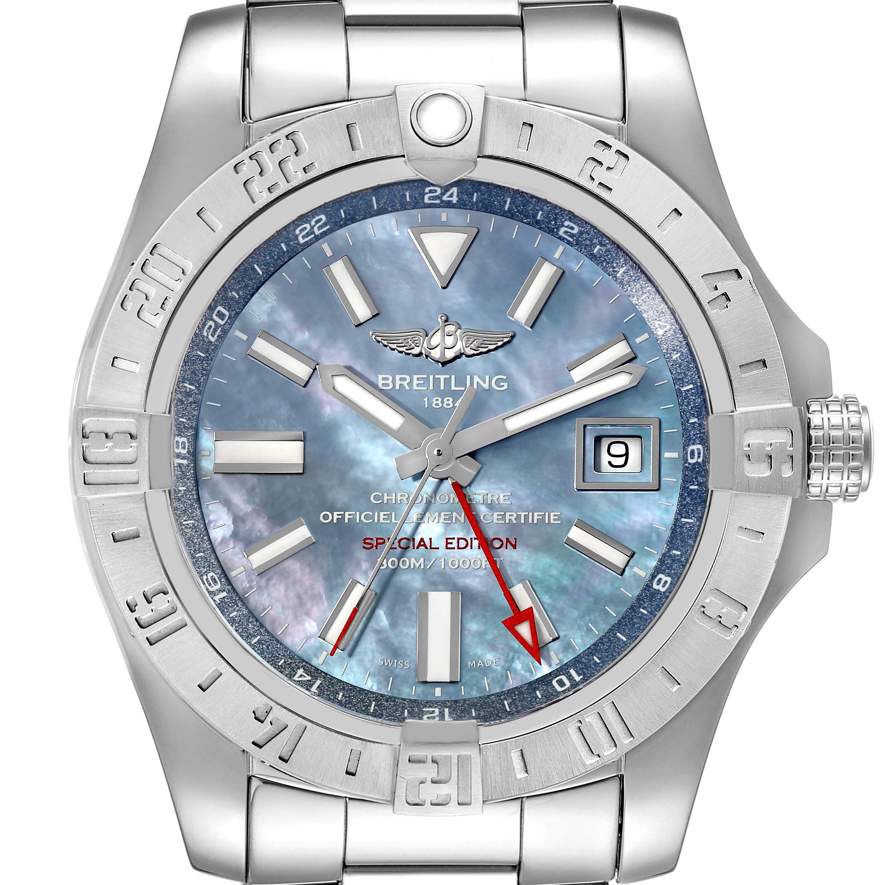 This image shows a front view of the Breitling Avenger A3239011-C872-170A Men's Stainless Steel Mother of Pearl Dial A3239011-C872-170A Men's Stainless Steel Mother of Pearl Dial watch, highlighting the dial, hands, date display, and bezel.