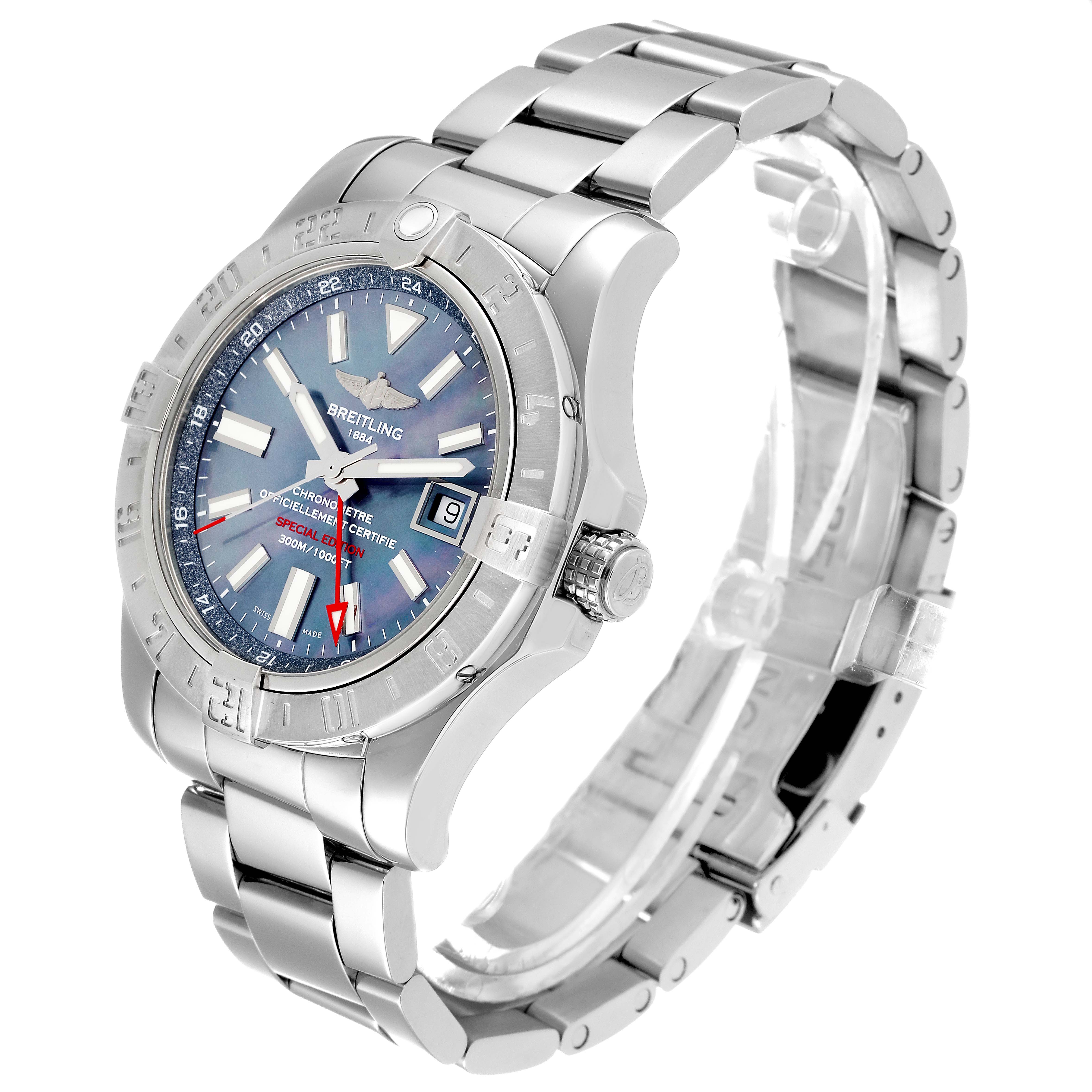 The Breitling Avenger A3239011-C872-170A Men's Stainless Steel Mother of Pearl Dial A3239011-C872-170A Men's Stainless Steel Mother of Pearl Dial watch is shown at a 3/4 angle, highlighting its stainless steel case, bracelet, and blue dial with a date function.