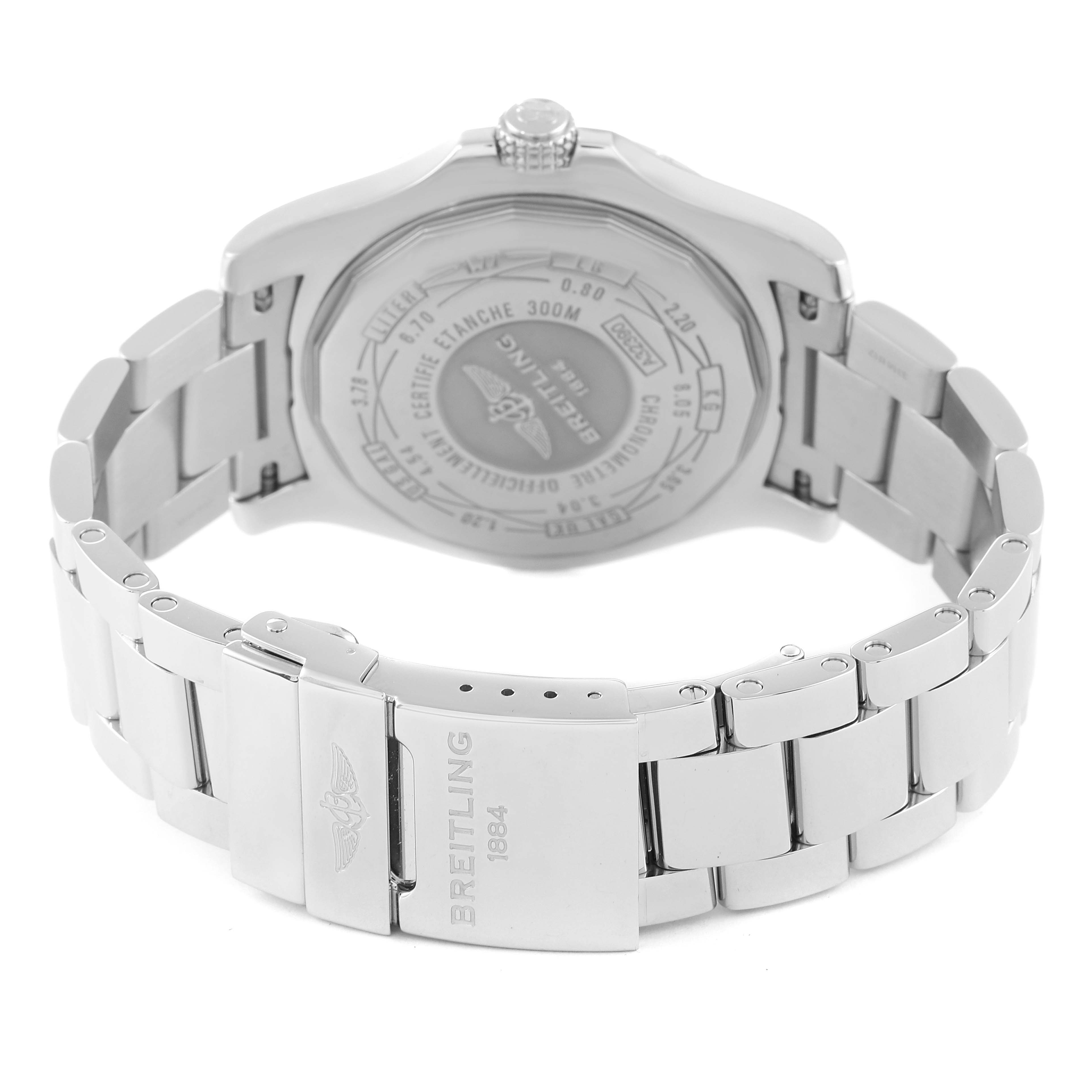 This image shows the backside of a Breitling Avenger A3239011-C872-170A Men's Stainless Steel Mother of Pearl Dial A3239011-C872-170A Men's Stainless Steel Mother of Pearl Dial watch, highlighting the case back and metal bracelet.