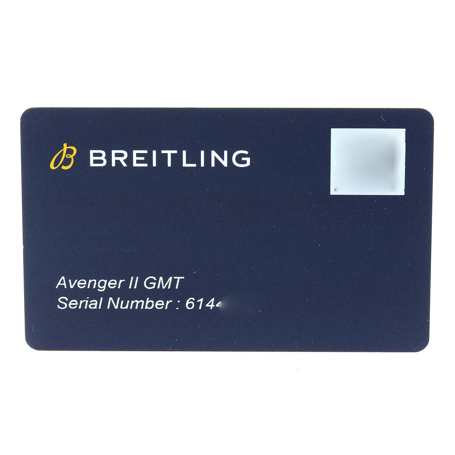 This image shows a warranty card for the Breitling Avenger A3239011-C872-170A Men's Stainless Steel Mother of Pearl Dial A3239011-C872-170A Men's Stainless Steel Mother of Pearl Dial II GMT watch, including the serial number.