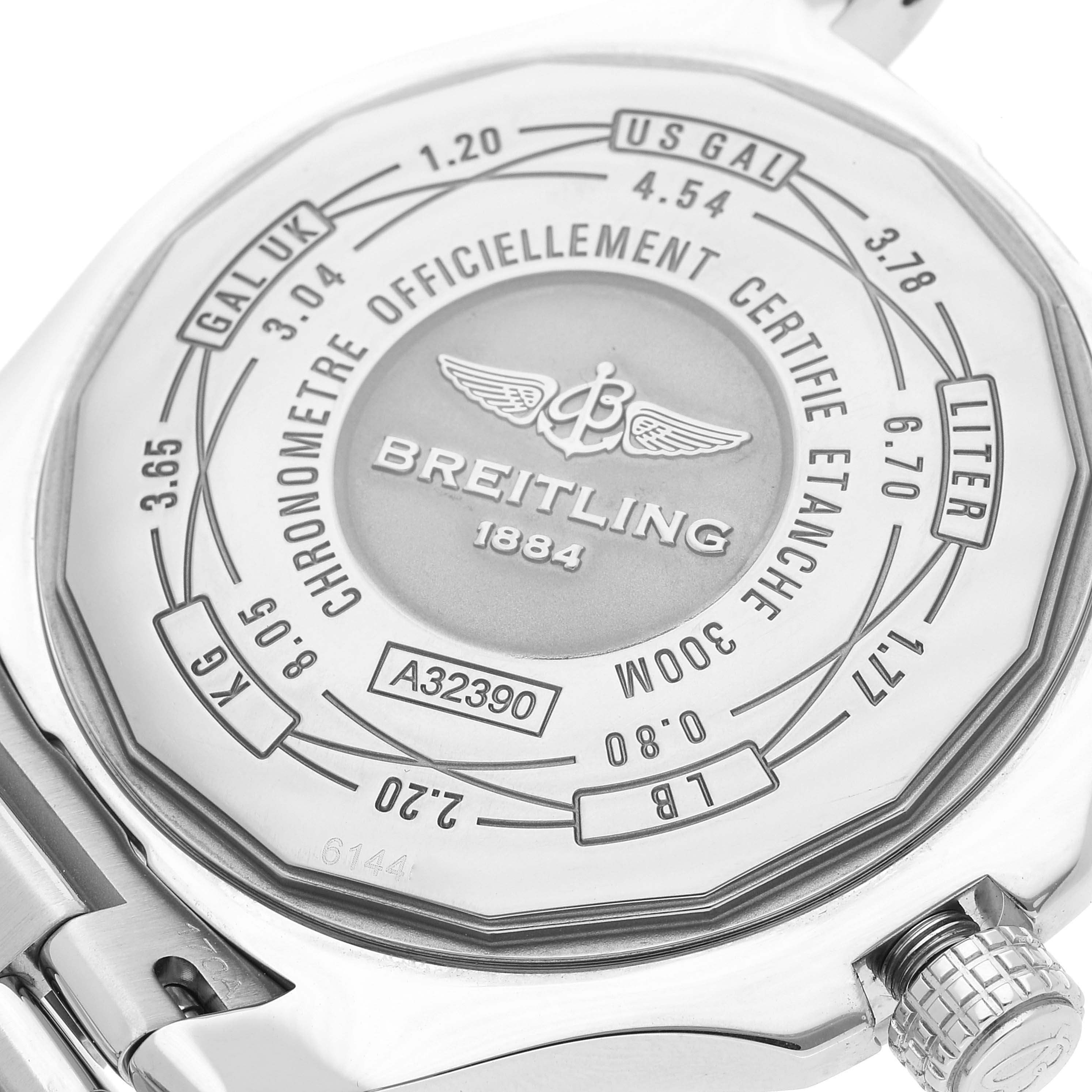 The image shows the case back of a Breitling Avenger A3239011-C872-170A Men's Stainless Steel Mother of Pearl Dial A3239011-C872-170A Men's Stainless Steel Mother of Pearl Dial watch, displaying engraving details and a partial view of the bracelet and crown.