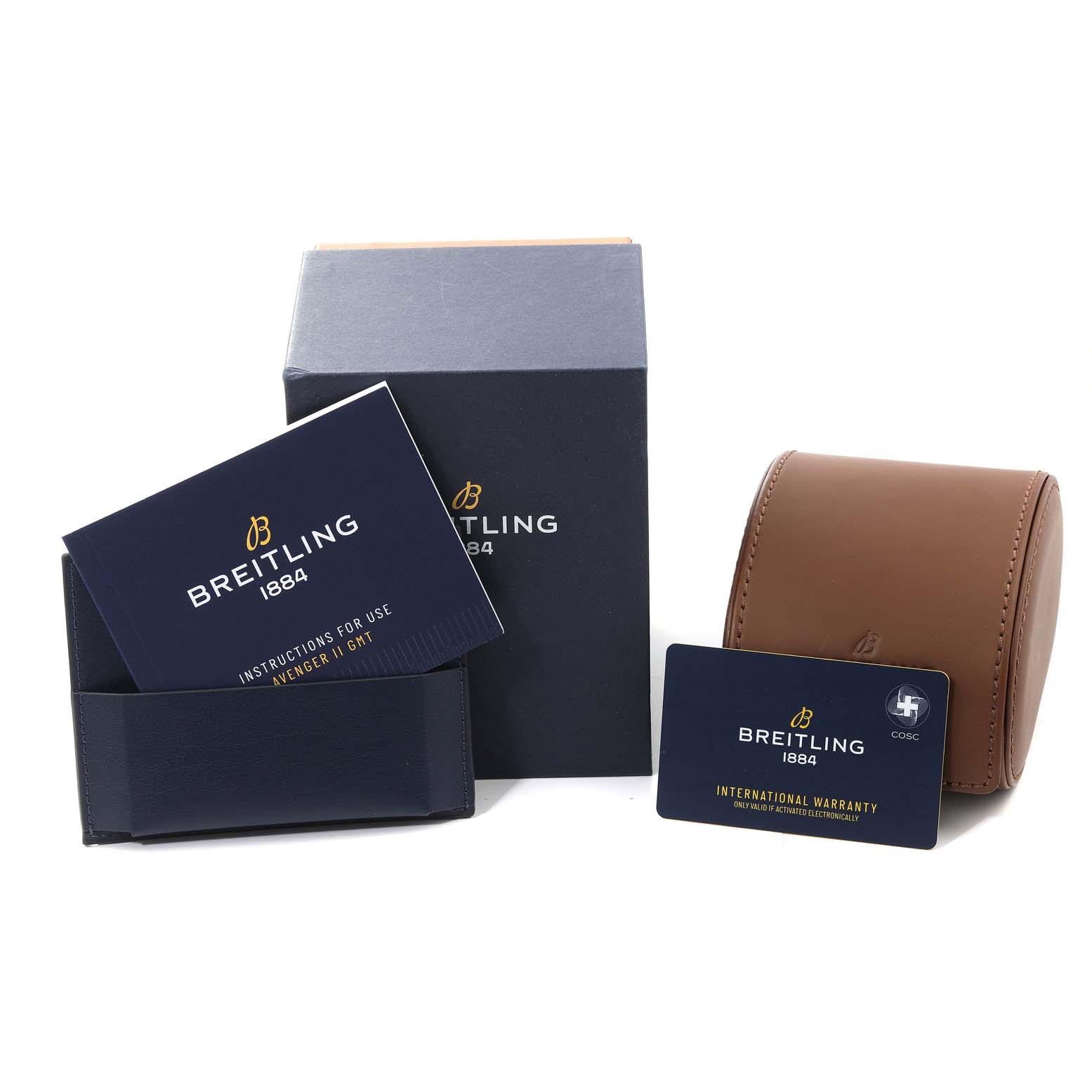 The image shows the packaging, instruction booklet, warranty card, and leather case for a Breitling Avenger A3239011-C872-170A Men's Stainless Steel Mother of Pearl Dial A3239011-C872-170A Men's Stainless Steel Mother of Pearl Dial model watch.