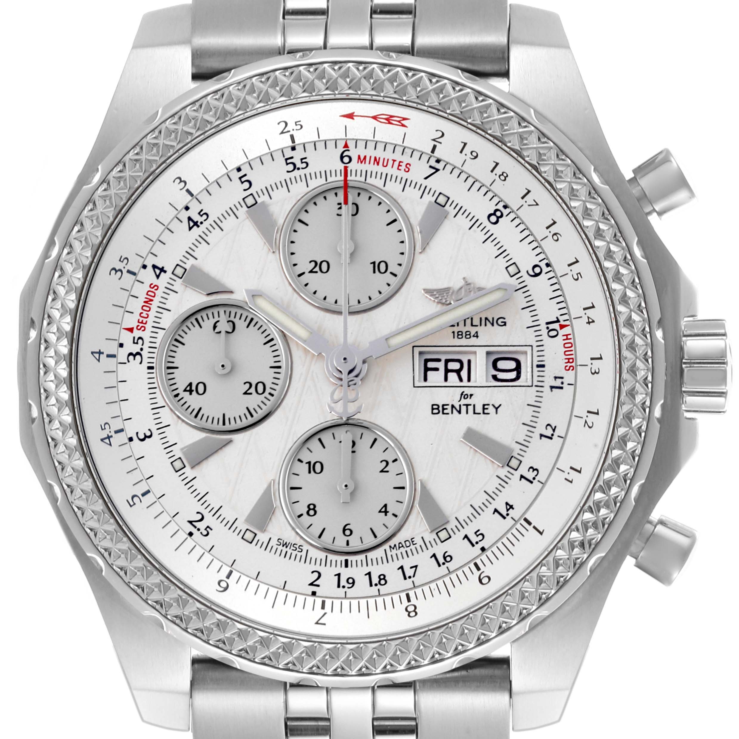 The Breitling Bentley A1336346/9680 Men's Stainless Steel Silver Dial A1336346/9680 Men's Stainless Steel Silver Dial watch is shown from the front, displaying its face, dials, and part of the band.