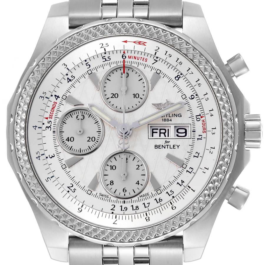 The Breitling Bentley watch is shown from the front, displaying its face, dials, and part of the band.