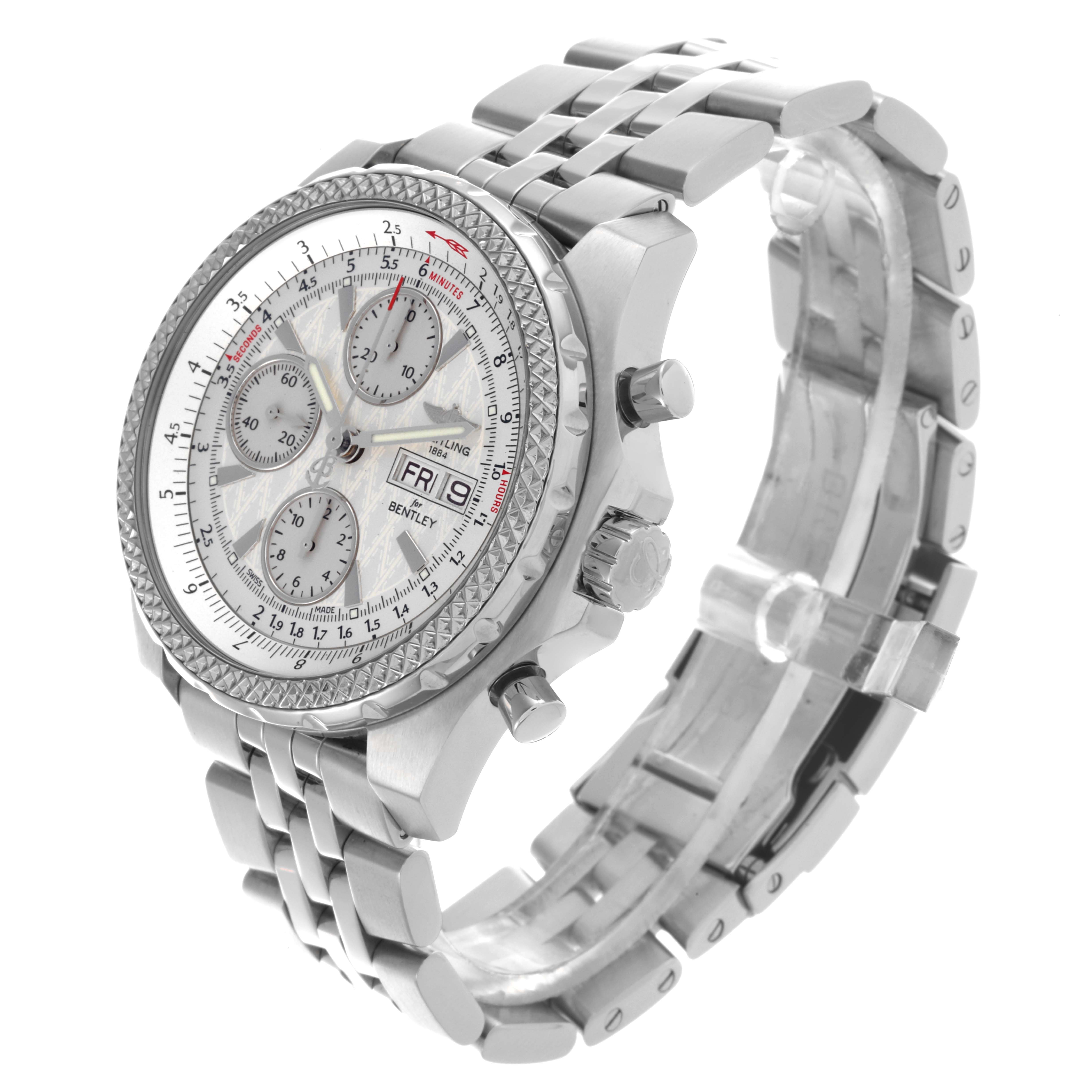 The Breitling Bentley A1336346/9680 Men's Stainless Steel Silver Dial A1336346/9680 Men's Stainless Steel Silver Dial watch is shown at a three-quarters angle, highlighting the face, bezel, crown, pushers, and bracelet.