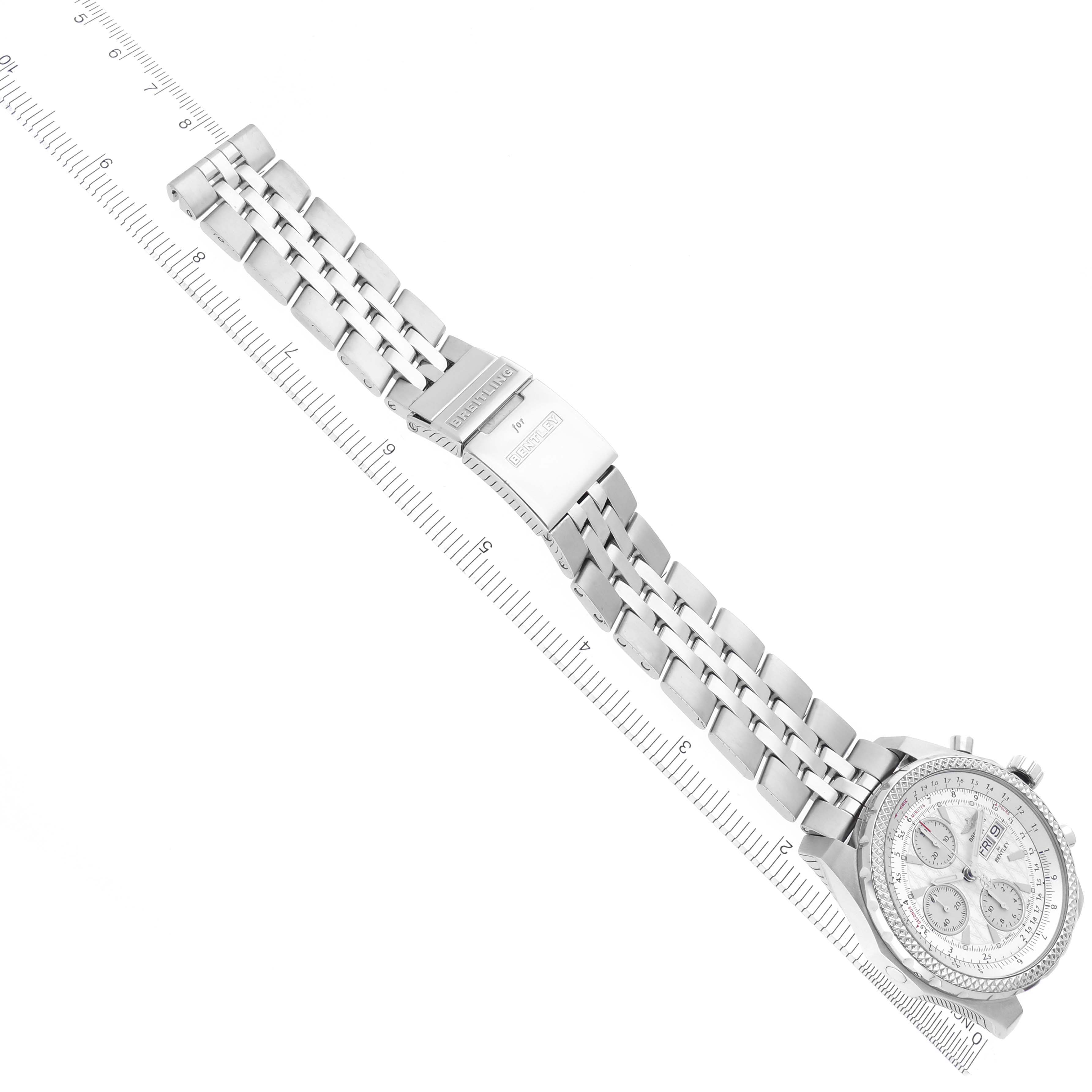 The Breitling Bentley A1336346/9680 Men's Stainless Steel Silver Dial A1336346/9680 Men's Stainless Steel Silver Dial watch is shown from a top-down angle, displaying the full bracelet and face.