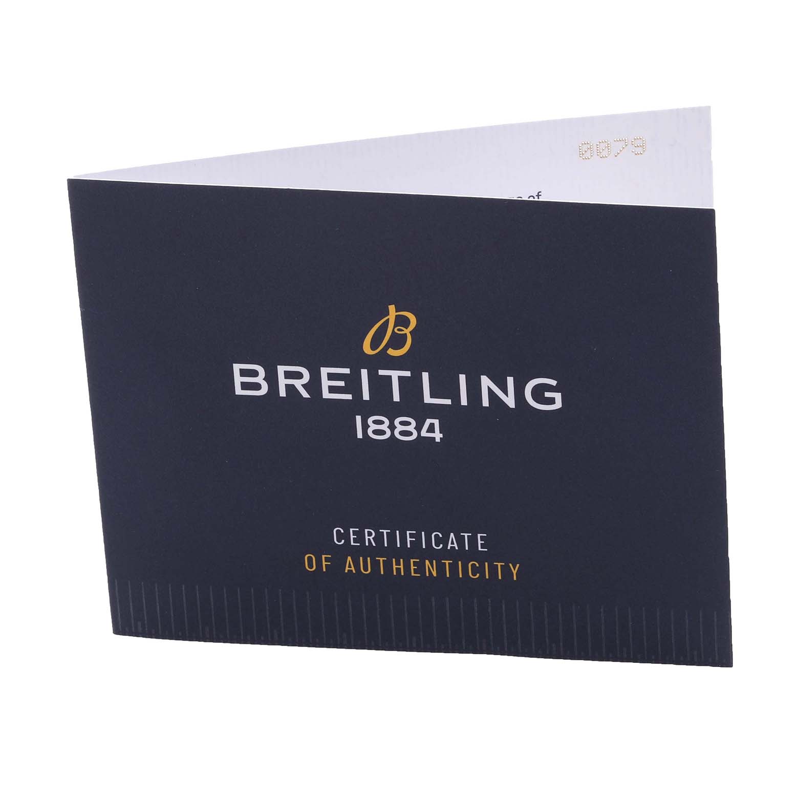 The image shows a Breitling Bentley A1336346/9680 Men's Stainless Steel Silver Dial A1336346/9680 Men's Stainless Steel Silver Dial model's certificate of authenticity at an angled view.