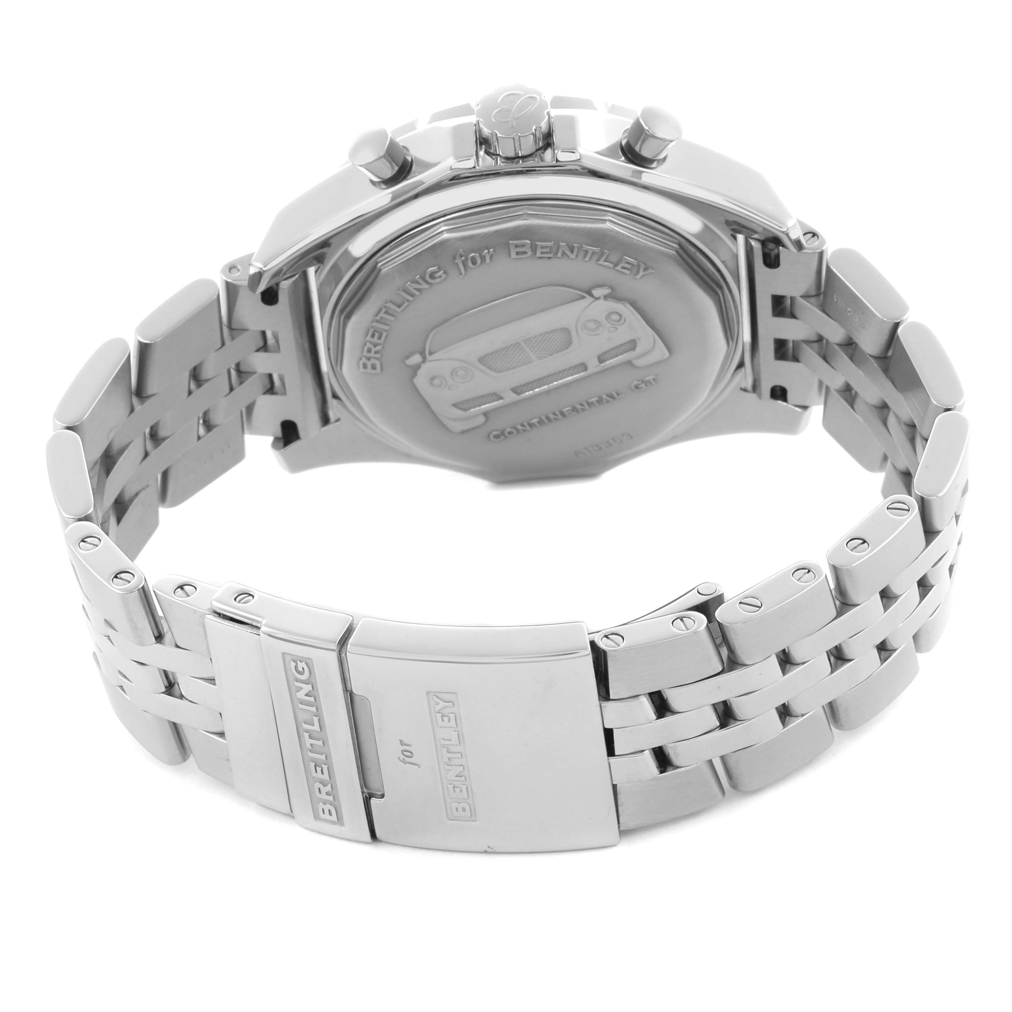 The image shows the back view of a Breitling for Bentley watch, highlighting the case back and metal bracelet.