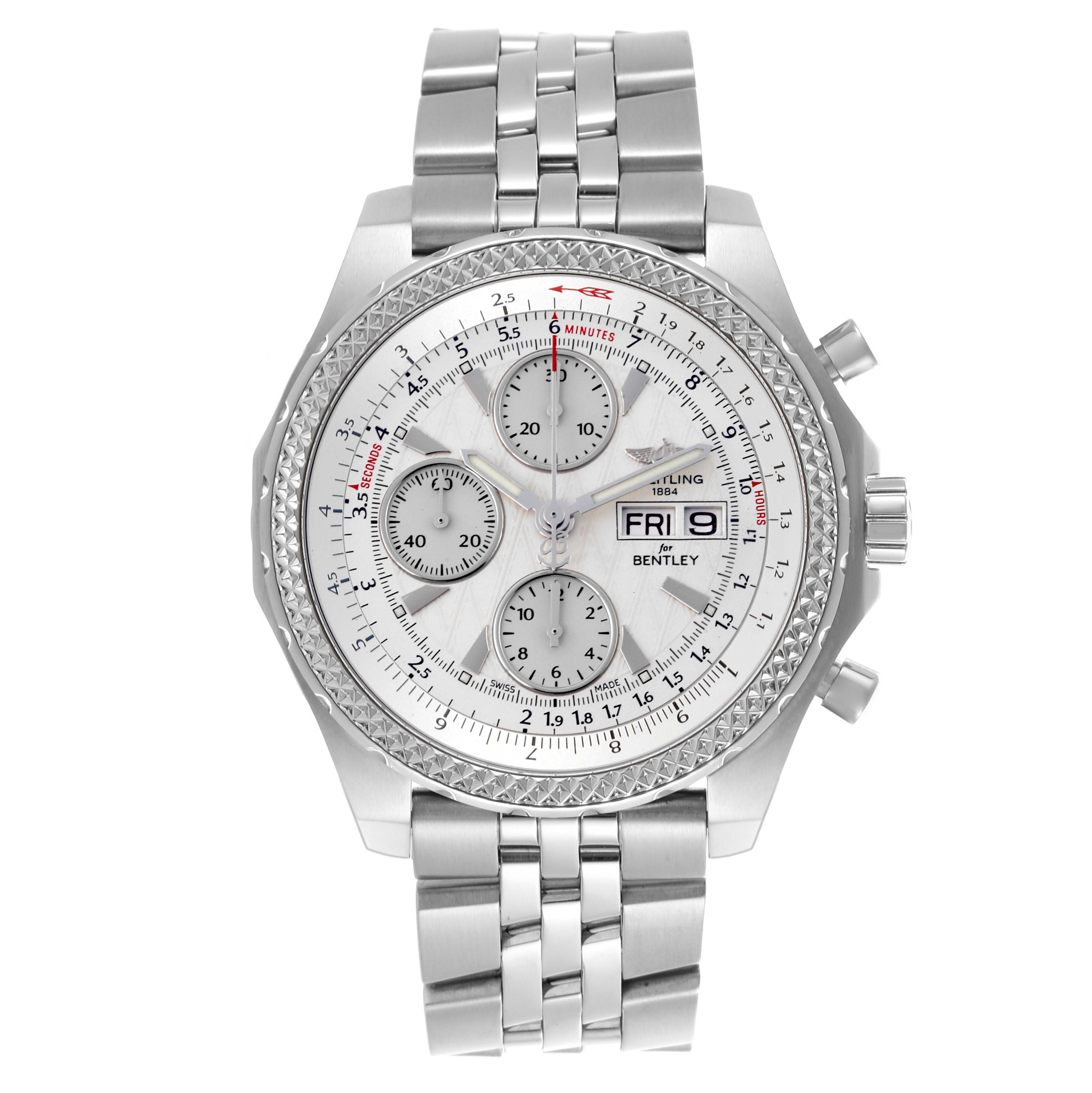 The Breitling Bentley A1336346/9680 Men's Stainless Steel Silver Dial A1336346/9680 Men's Stainless Steel Silver Dial watch is shown from a front angle, displaying its face, subdials, bezel, and stainless steel bracelet.