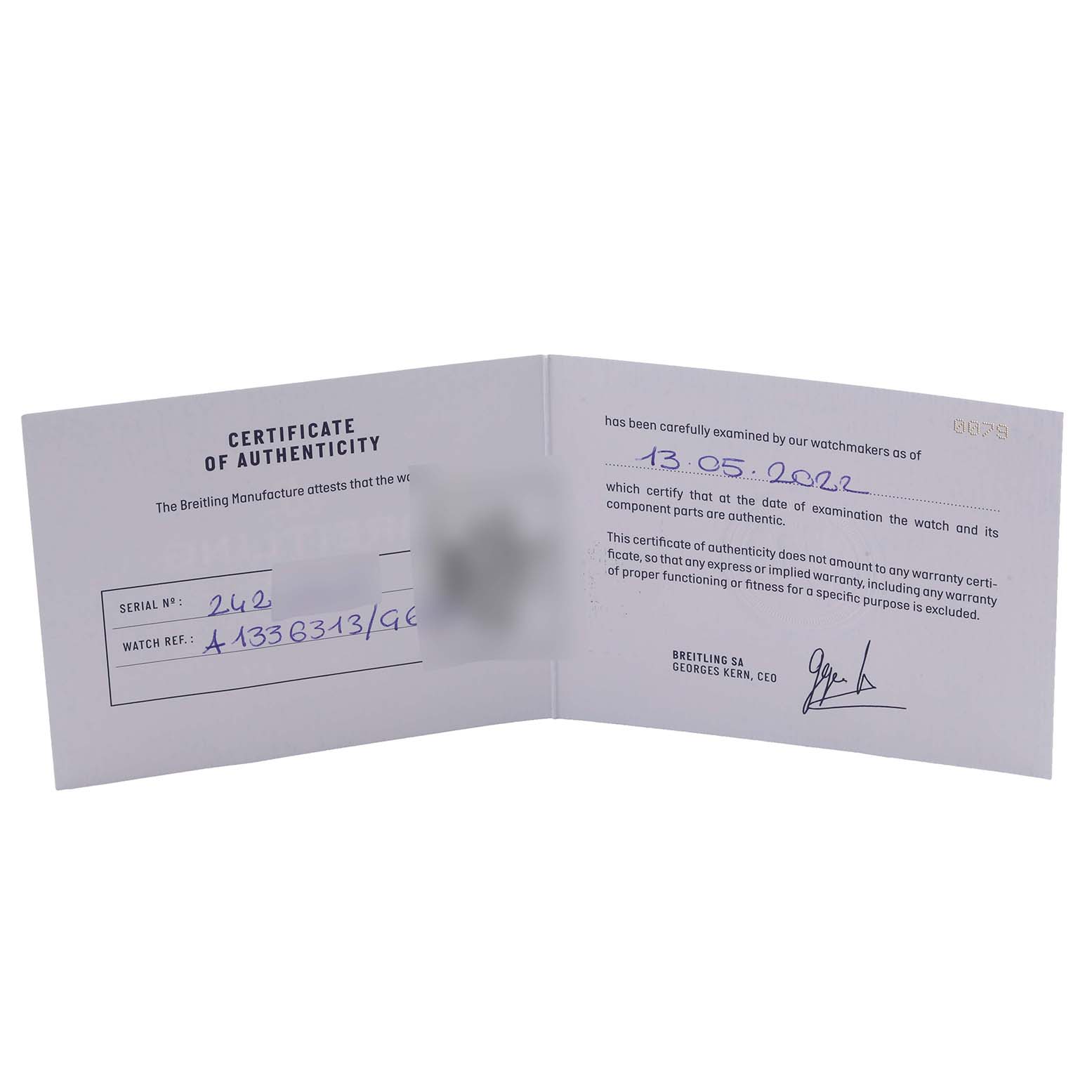 The image shows the authenticity certificate for the Bentley model by Breitling.