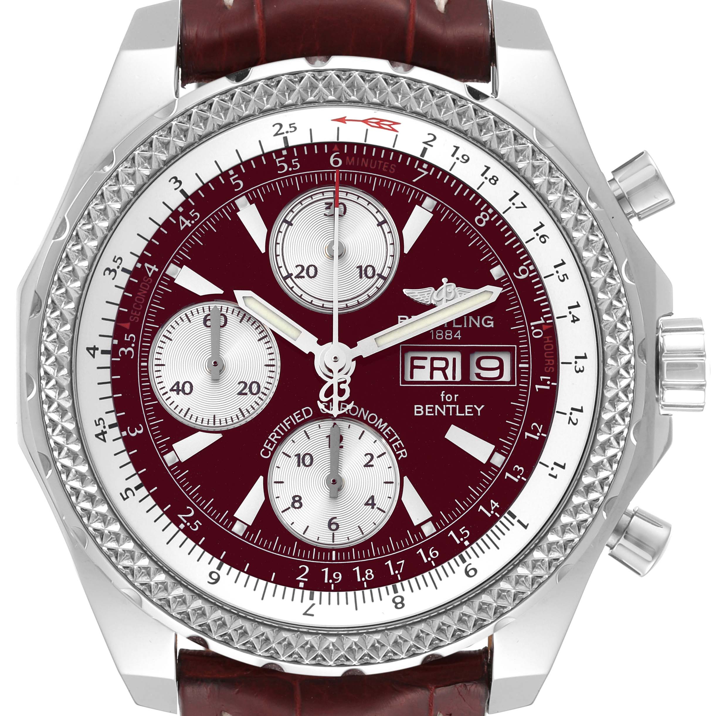 The Breitling Bentley A13362 Men's Stainless Steel Red Dial A13362 Men's Stainless Steel Red Dial watch is shown from the front, displaying its maroon face, chronograph dials, and date-day indicators.
