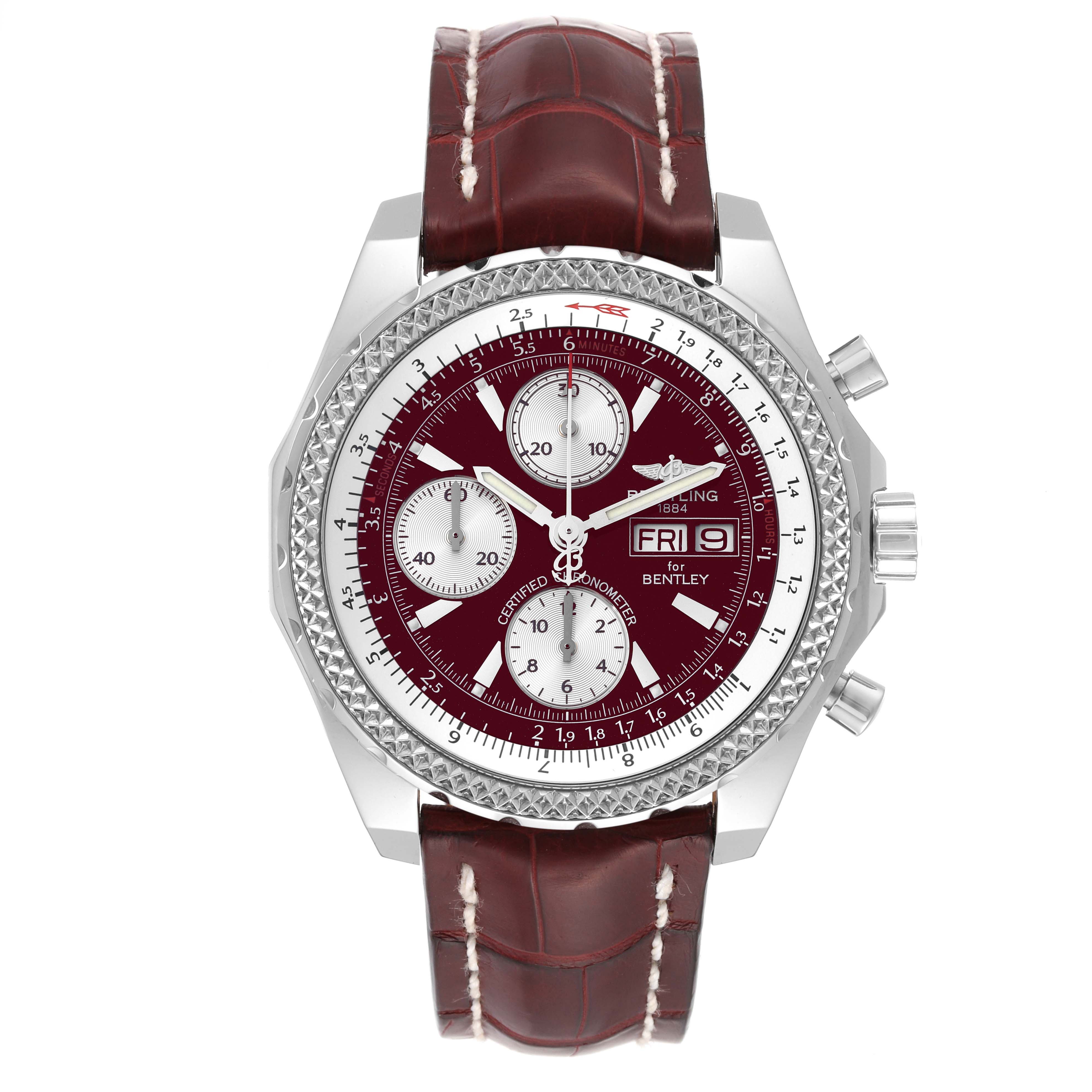 The image shows a front view of the Breitling Bentley A13362 Men's Stainless Steel Red Dial A13362 Men's Stainless Steel Red Dial model watch, featuring a maroon dial, chronographs, and a brown leather strap.