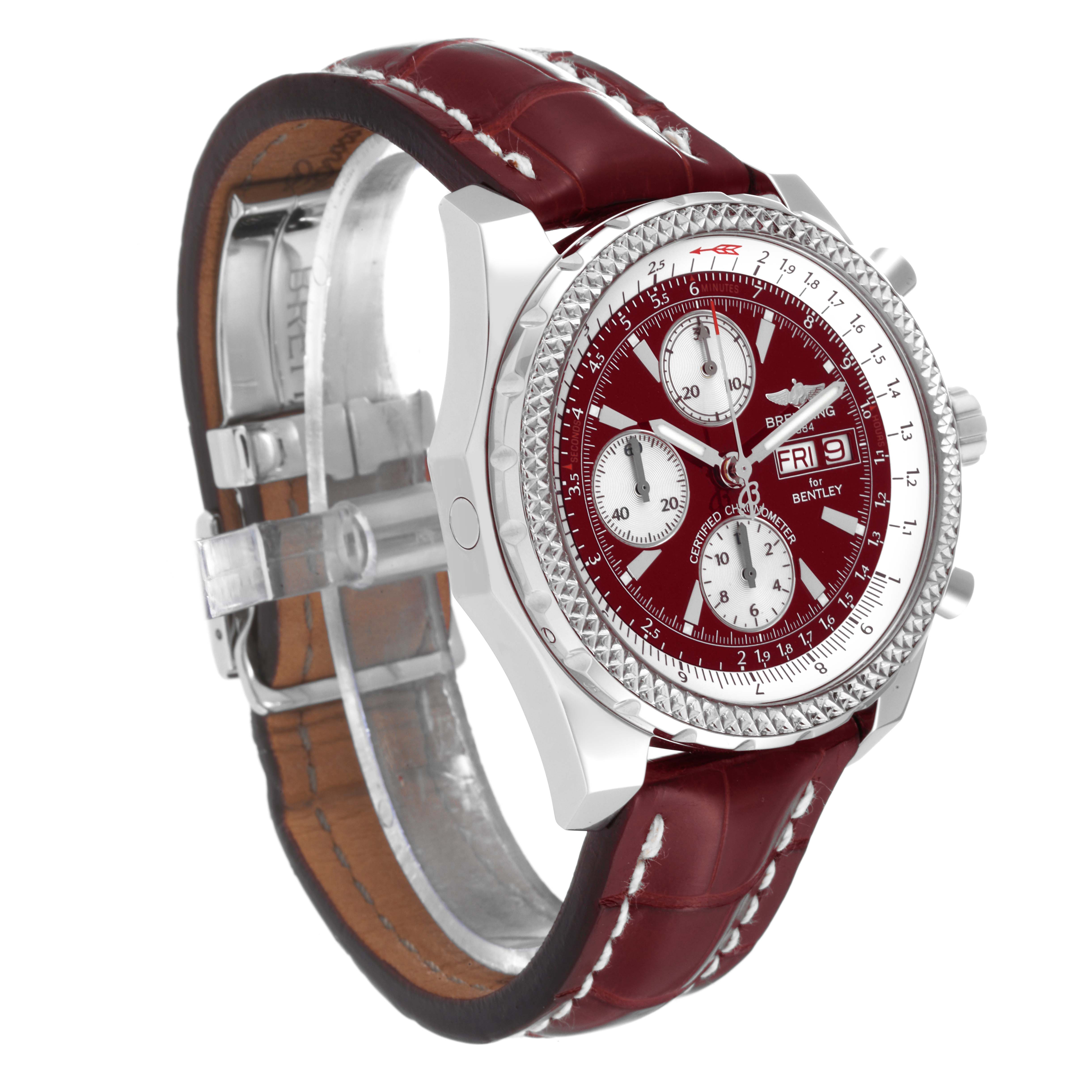 This Breitling Bentley A13362 Men's Stainless Steel Red Dial A13362 Men's Stainless Steel Red Dial model watch is shown at a three-quarter angle, highlighting the dial, case, bezel, and leather strap.