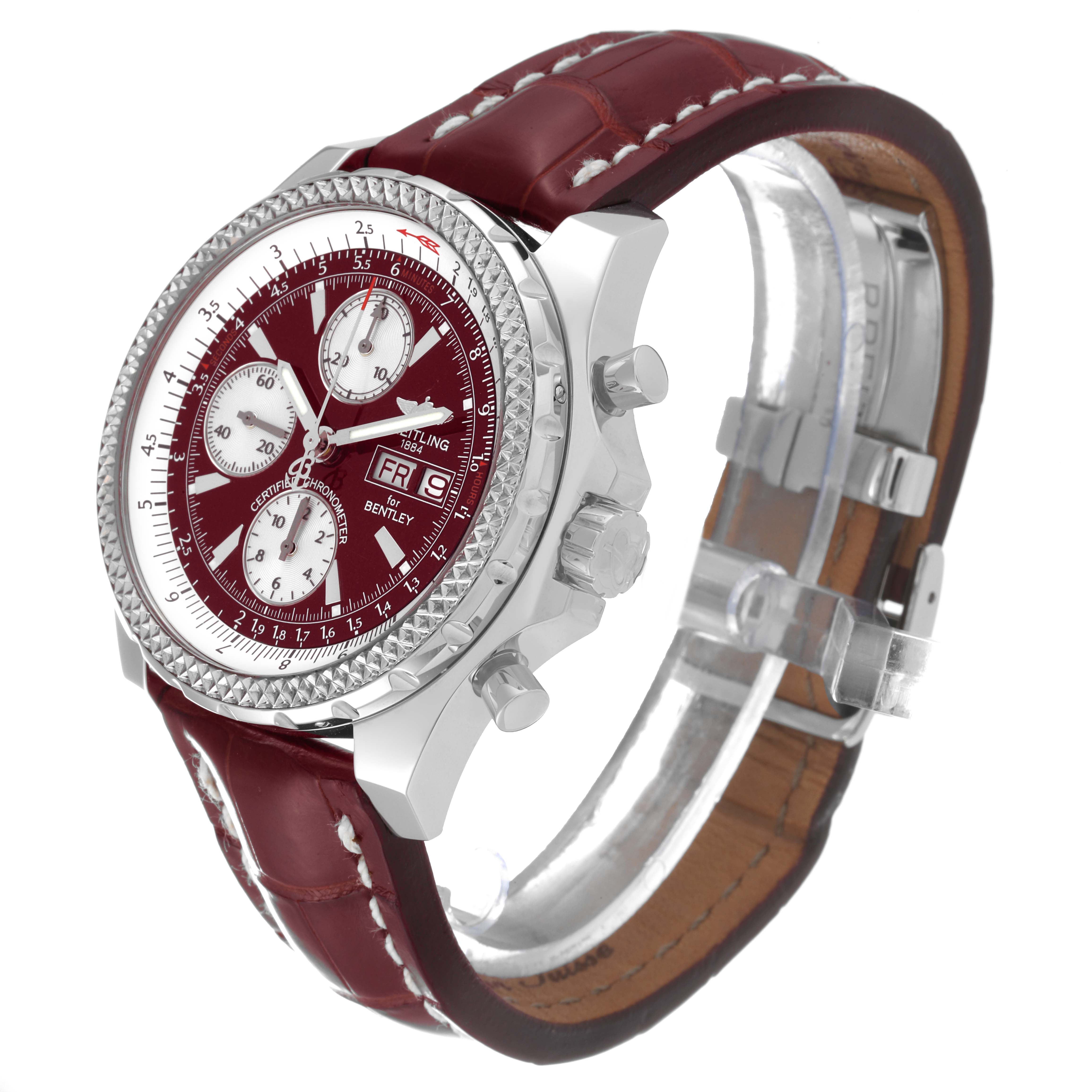 The image shows a Breitling Bentley A13362 Men's Stainless Steel Red Dial A13362 Men's Stainless Steel Red Dial watch at a three-quarter angle, highlighting the dial, case, crown, and strap.