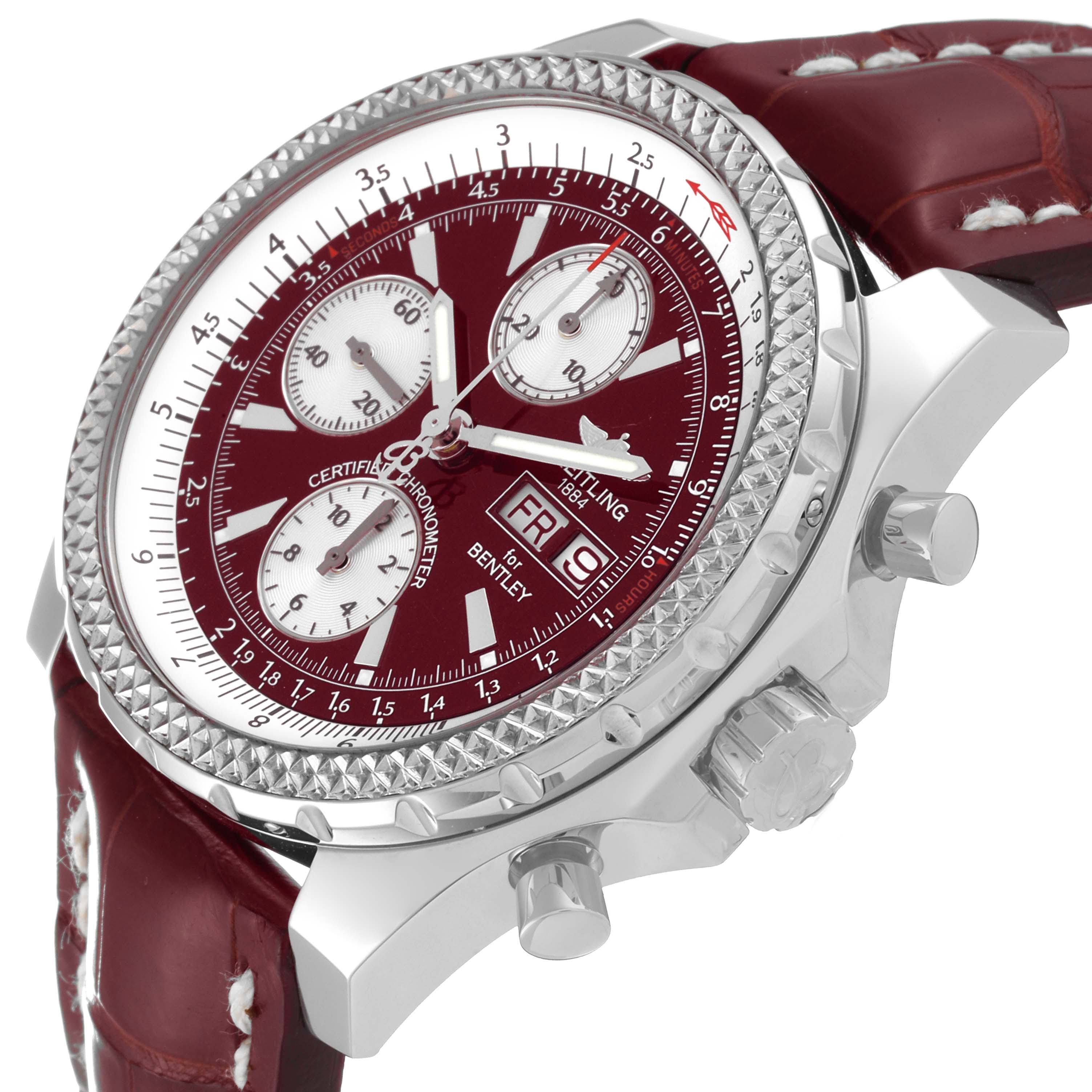 The Breitling Bentley A13362 Men's Stainless Steel Red Dial A13362 Men's Stainless Steel Red Dial model watch is shown at an angled close-up view featuring the bezel, crown, pushers, and part of the strap.
