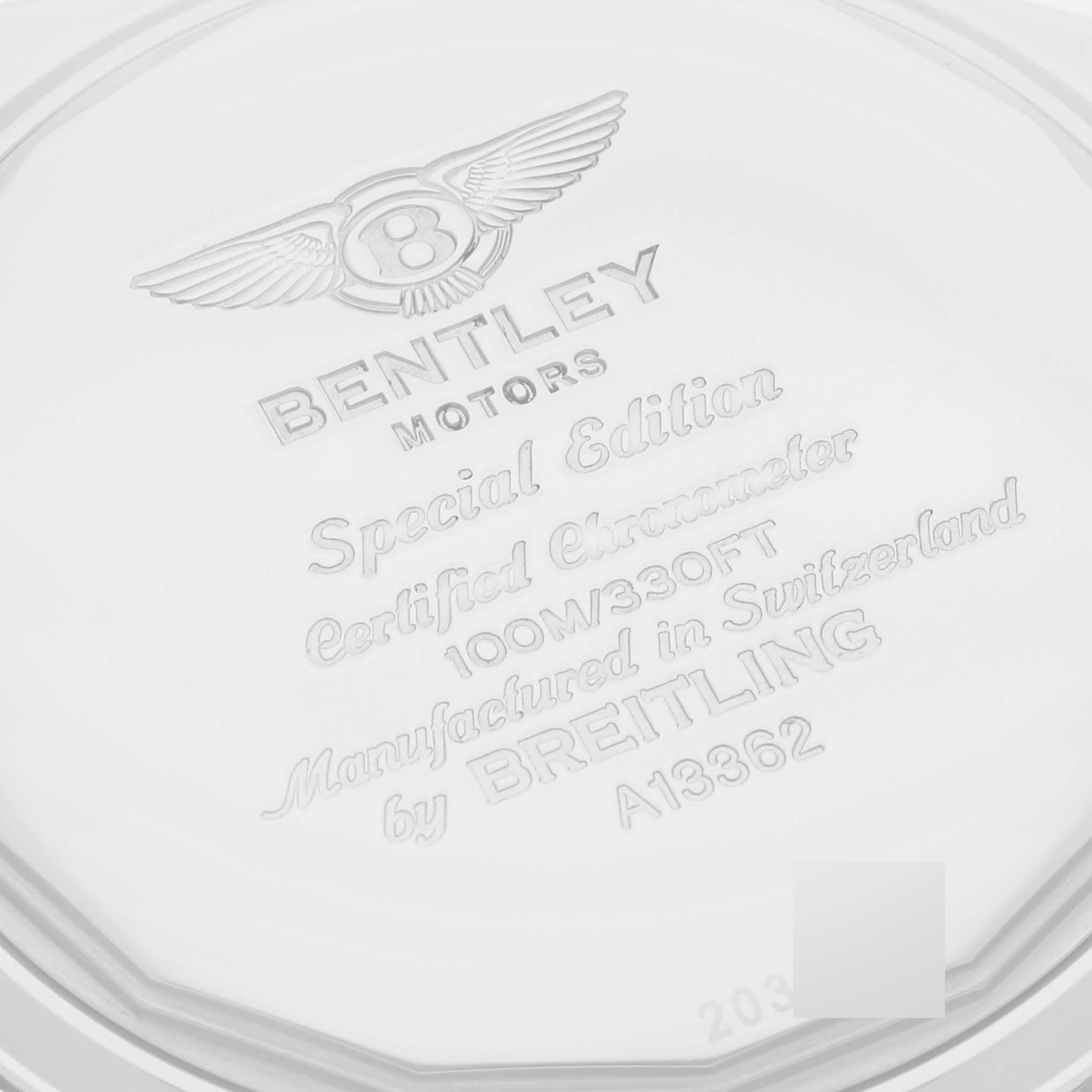 This image shows the engraved back case of a Bentley model by Breitling.