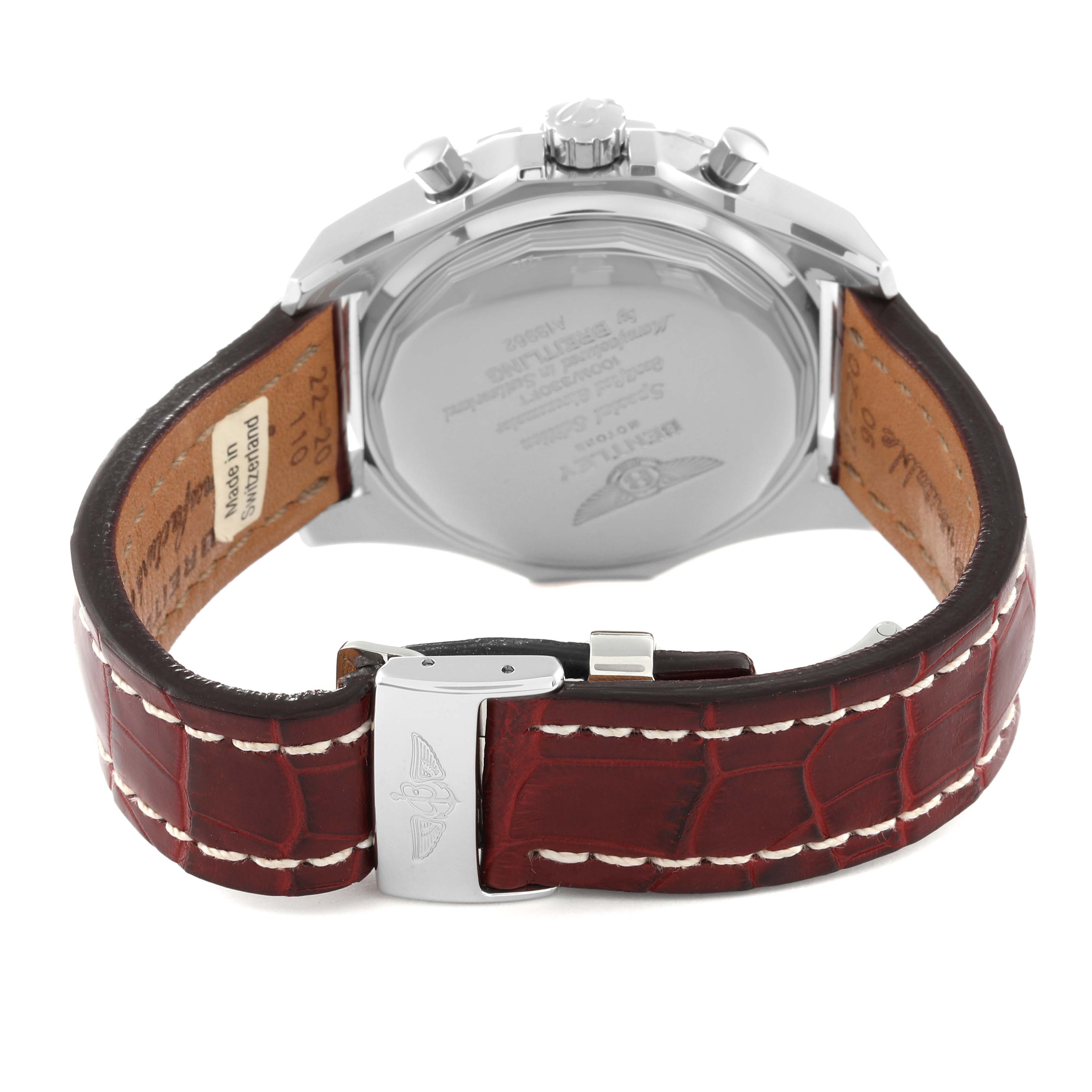 The image shows the back view of the Bentley model watch by Breitling, featuring the case back, crown, pushers, and leather strap.