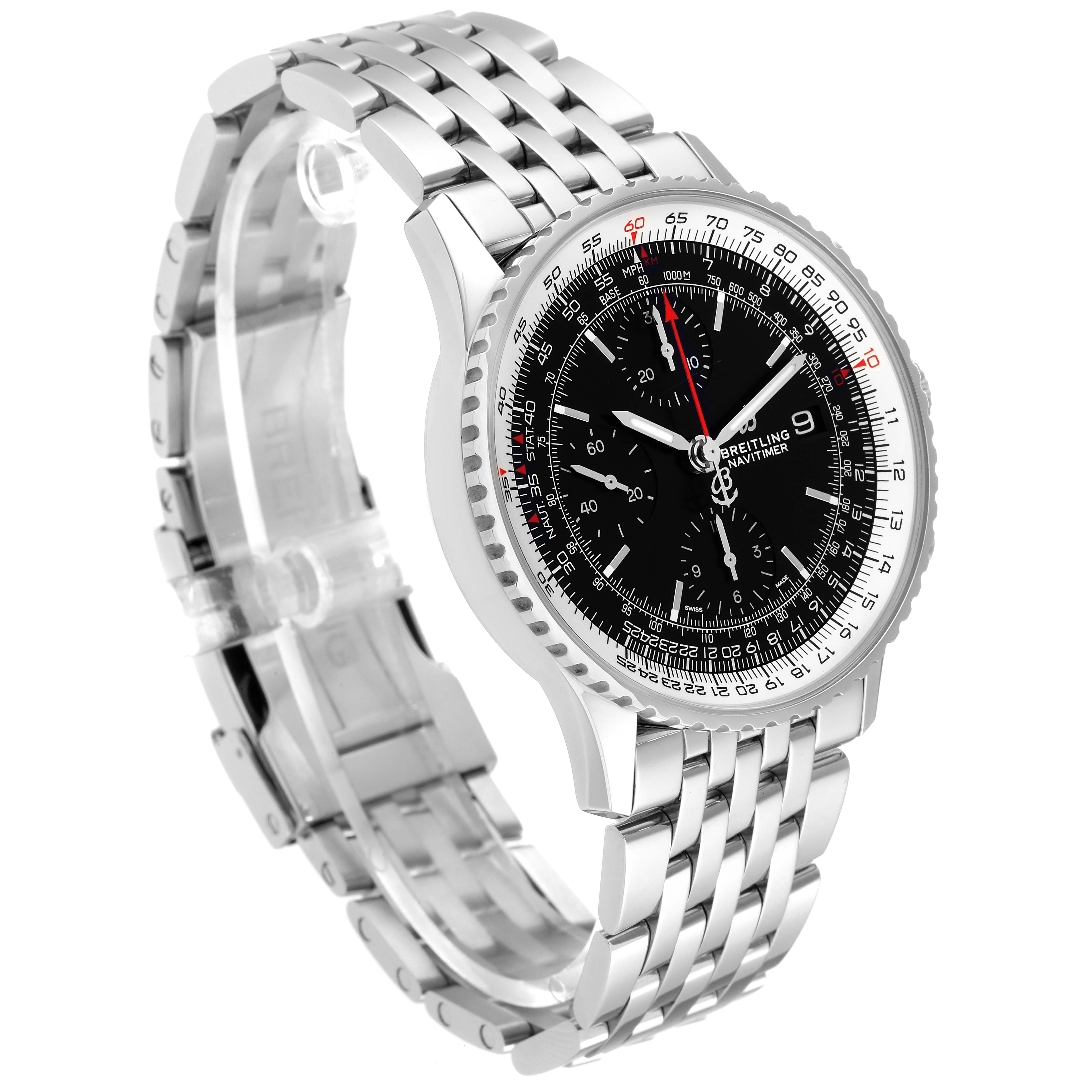 The Breitling Navitimer A13324 Men
s Stainless Steel Black Dial A13324 Men
s Stainless Steel Black Dial watch is shown at a three-quarter angle, highlighting its bracelet and detailed black dial.