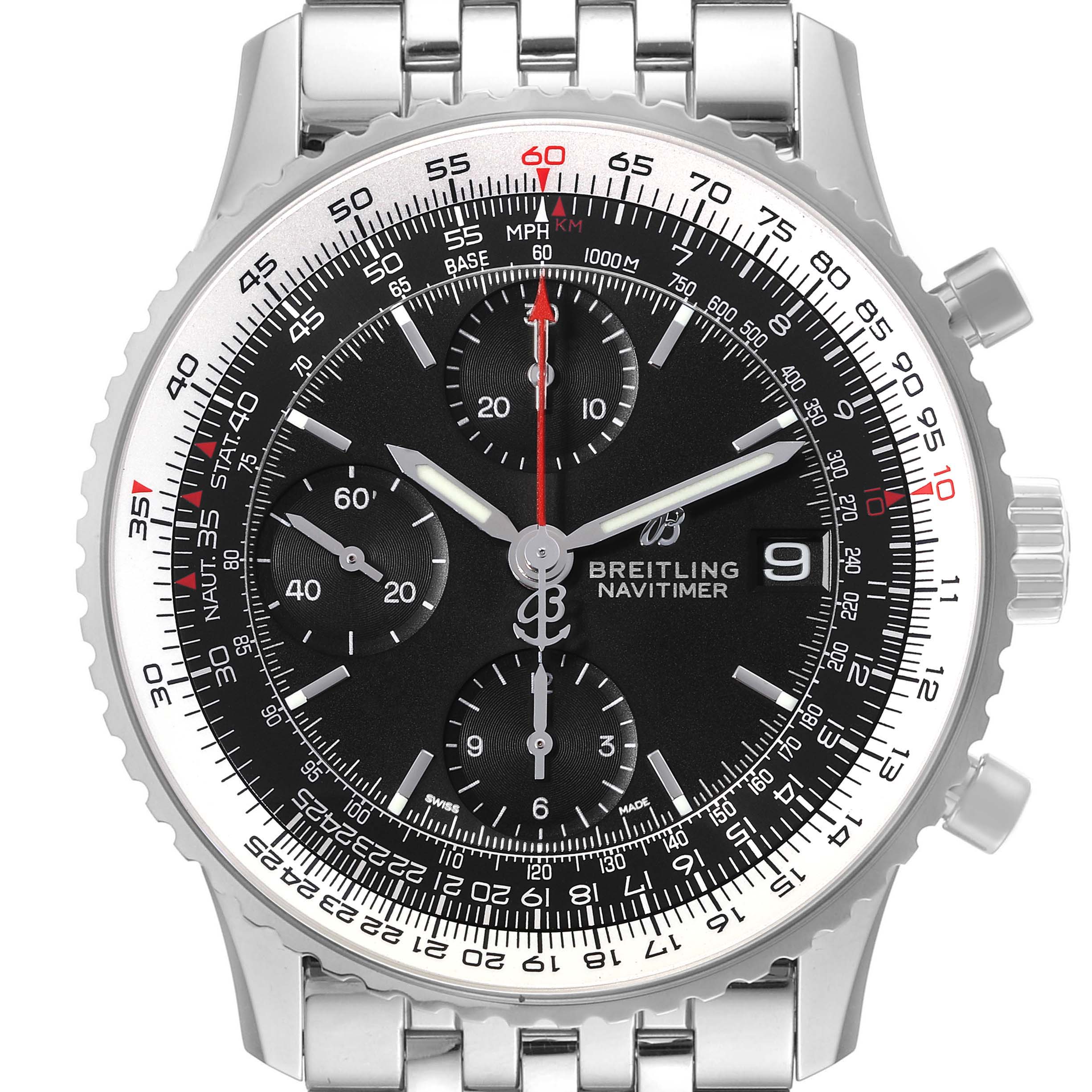 This image shows a front view of the Breitling Navitimer A13324 Men
s Stainless Steel Black Dial A13324 Men
s Stainless Steel Black Dial watch, displaying its face, bezel, and part of the bracelet.