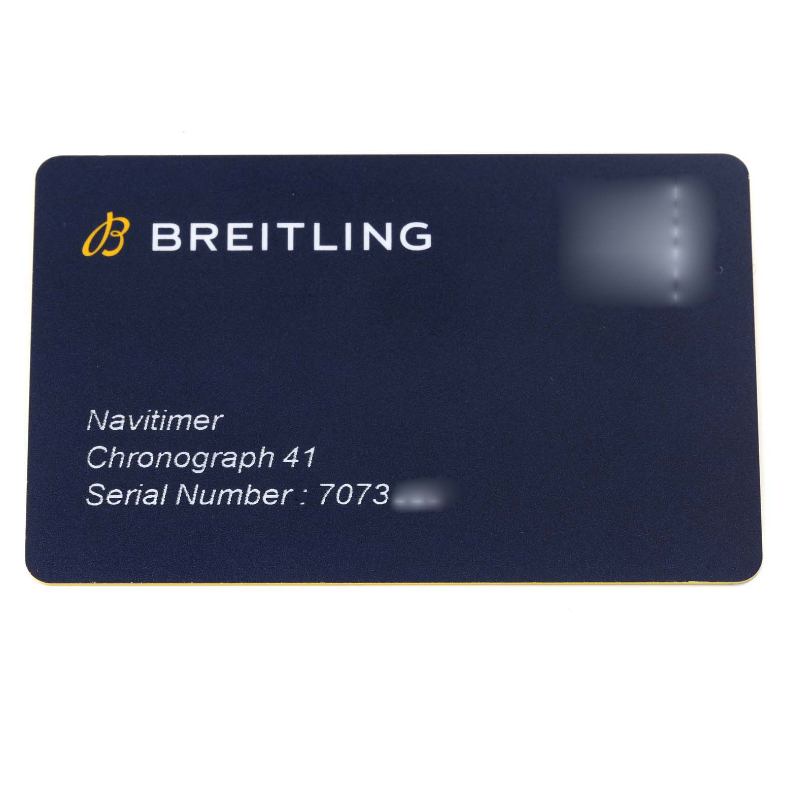 The image shows a warranty card for the Breitling Navitimer A13324 Men
s Stainless Steel Black Dial A13324 Men
s Stainless Steel Black Dial Chronograph 41 watch, displaying the brand, model, and serial number.