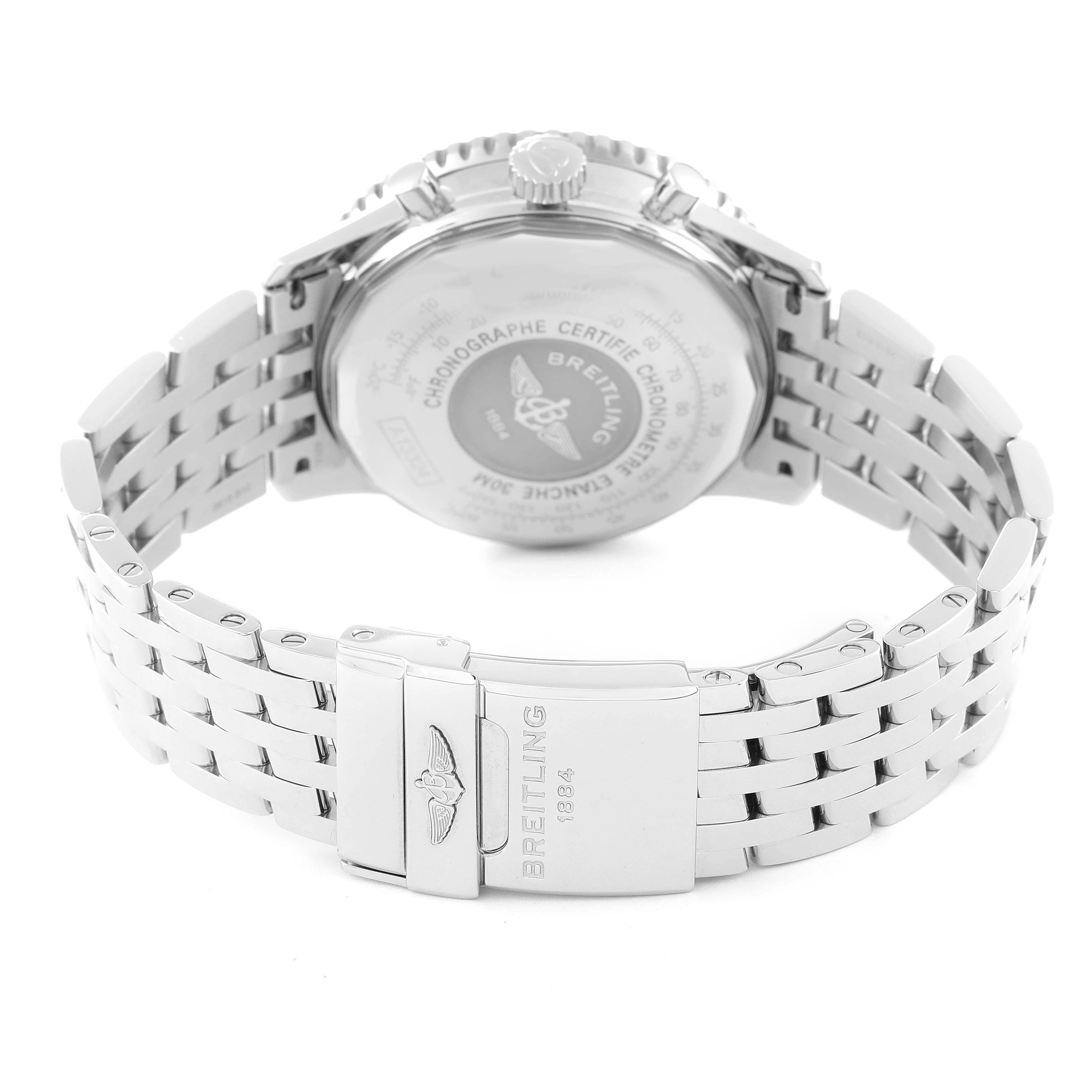 The image shows the back case and bracelet of a Breitling Navitimer A13324 Men
s Stainless Steel Black Dial A13324 Men
s Stainless Steel Black Dial watch at a rear angle.