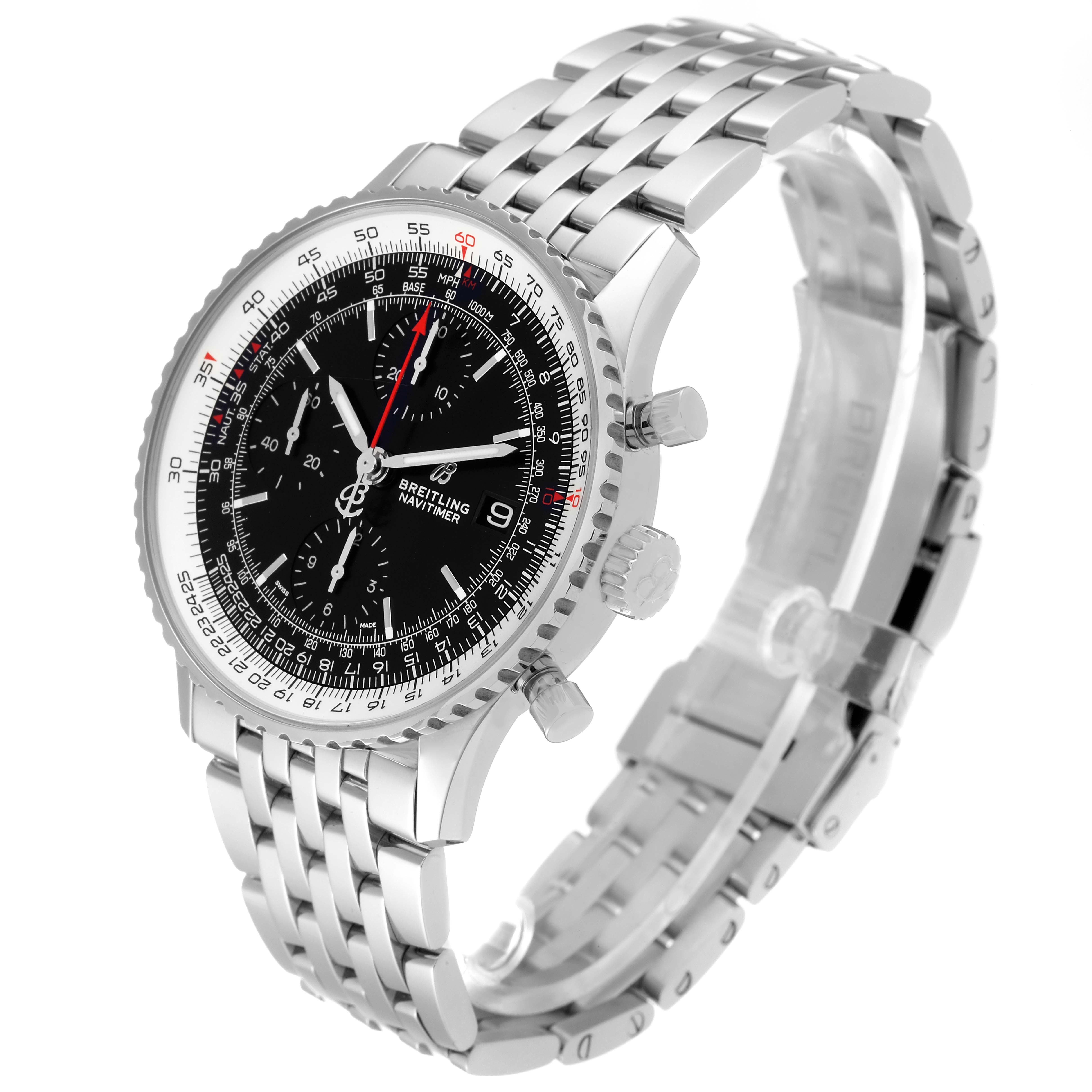 This image shows a Breitling Navitimer A13324 Men
s Stainless Steel Black Dial A13324 Men
s Stainless Steel Black Dial watch at a three-quarter angle, highlighting the dial, crown, pushers, and stainless steel bracelet.