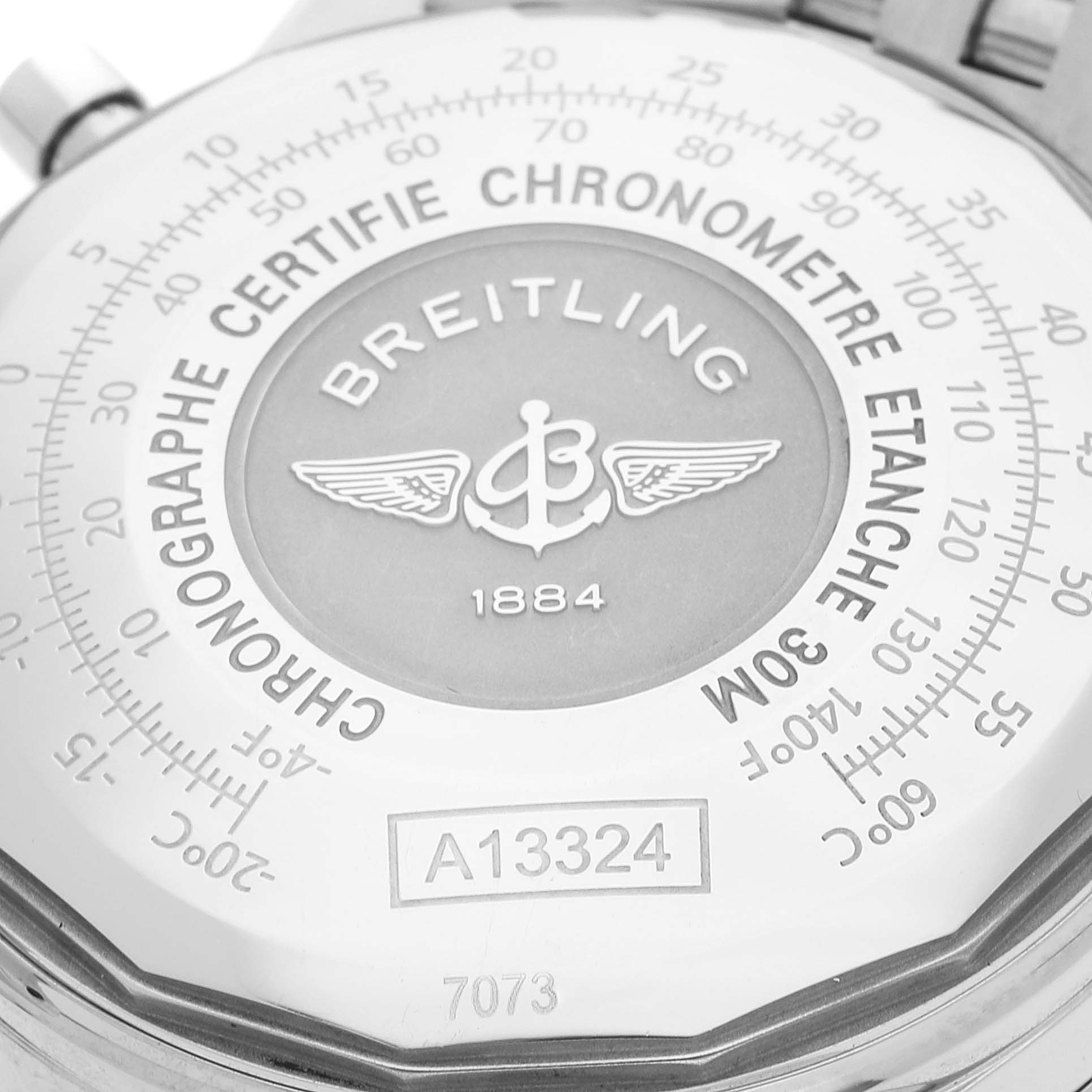 This image shows the backside of the Breitling Navitimer A13324 Men
s Stainless Steel Black Dial A13324 Men
s Stainless Steel Black Dial watch, highlighting its model number and chronometer certification.