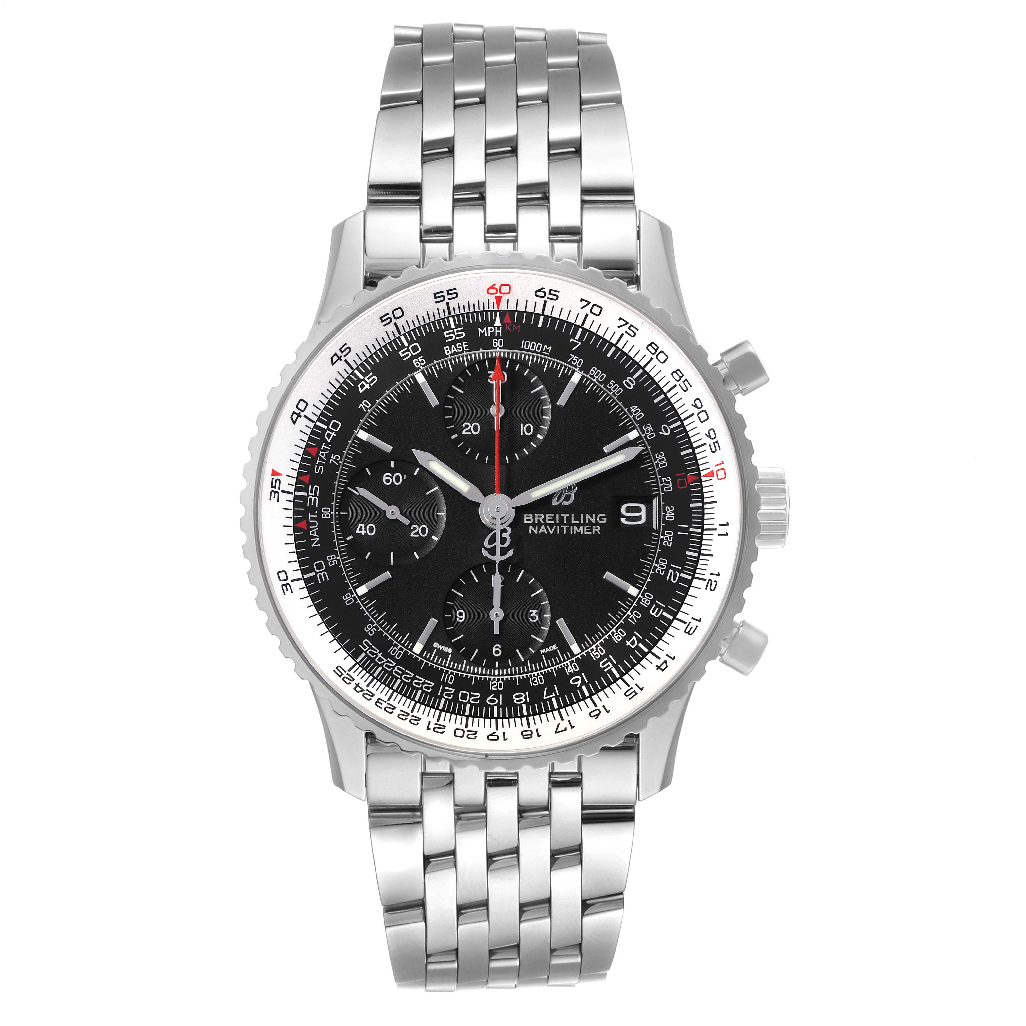 The image shows a front view of a Breitling Navitimer A13324 Men
s Stainless Steel Black Dial A13324 Men
s Stainless Steel Black Dial watch, highlighting its dial, bezel, and metal bracelet.