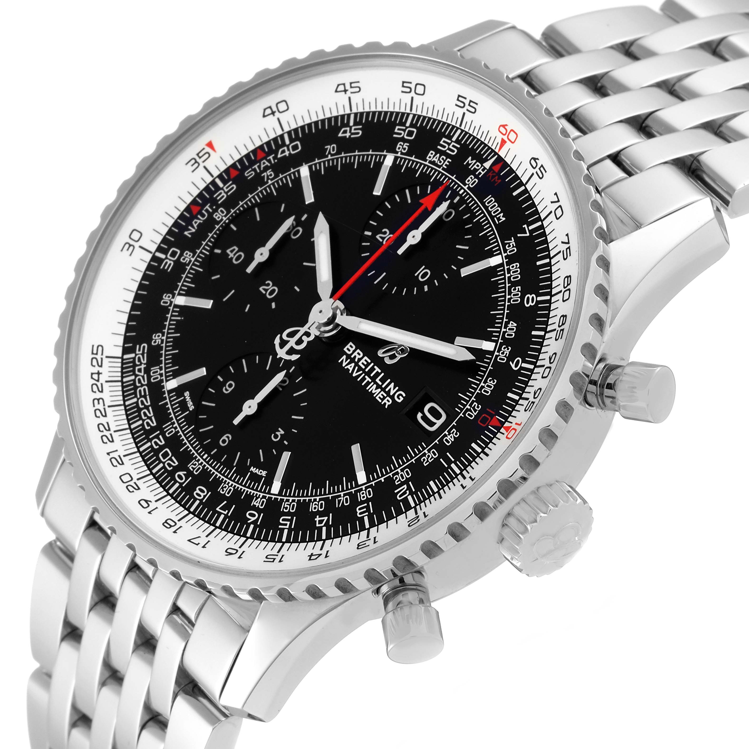 The Breitling Navitimer A13324 Men
s Stainless Steel Black Dial A13324 Men
s Stainless Steel Black Dial watch is shown at an angle displaying its face, bezel, pushers, crown, and part of its metal bracelet.