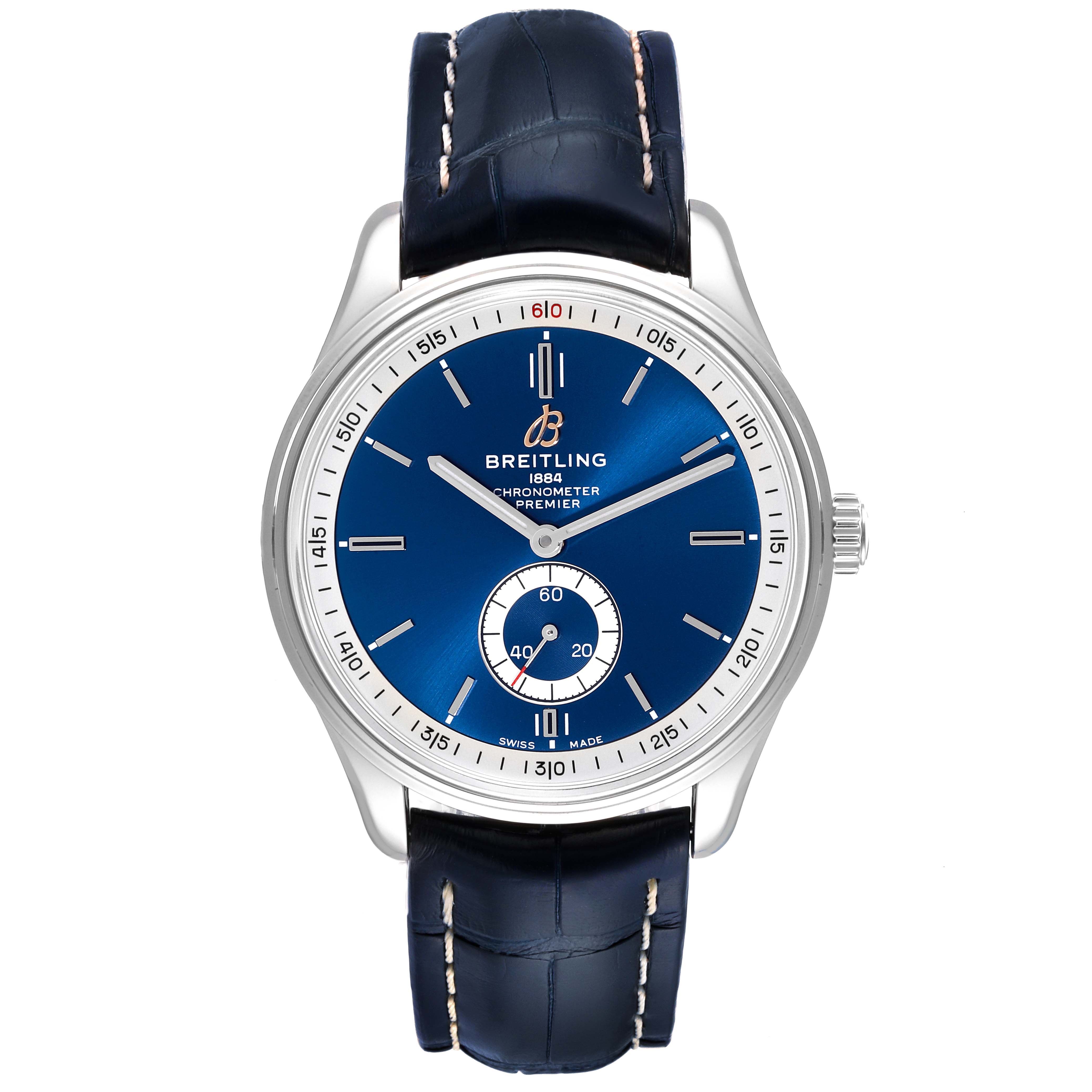 The image shows a frontal view of a Breitling Premier A37340351C1X2 Men's Stainless Steel Blue Dial A37340351C1X2 Men's Stainless Steel Blue Dial watch with a blue dial and leather strap.