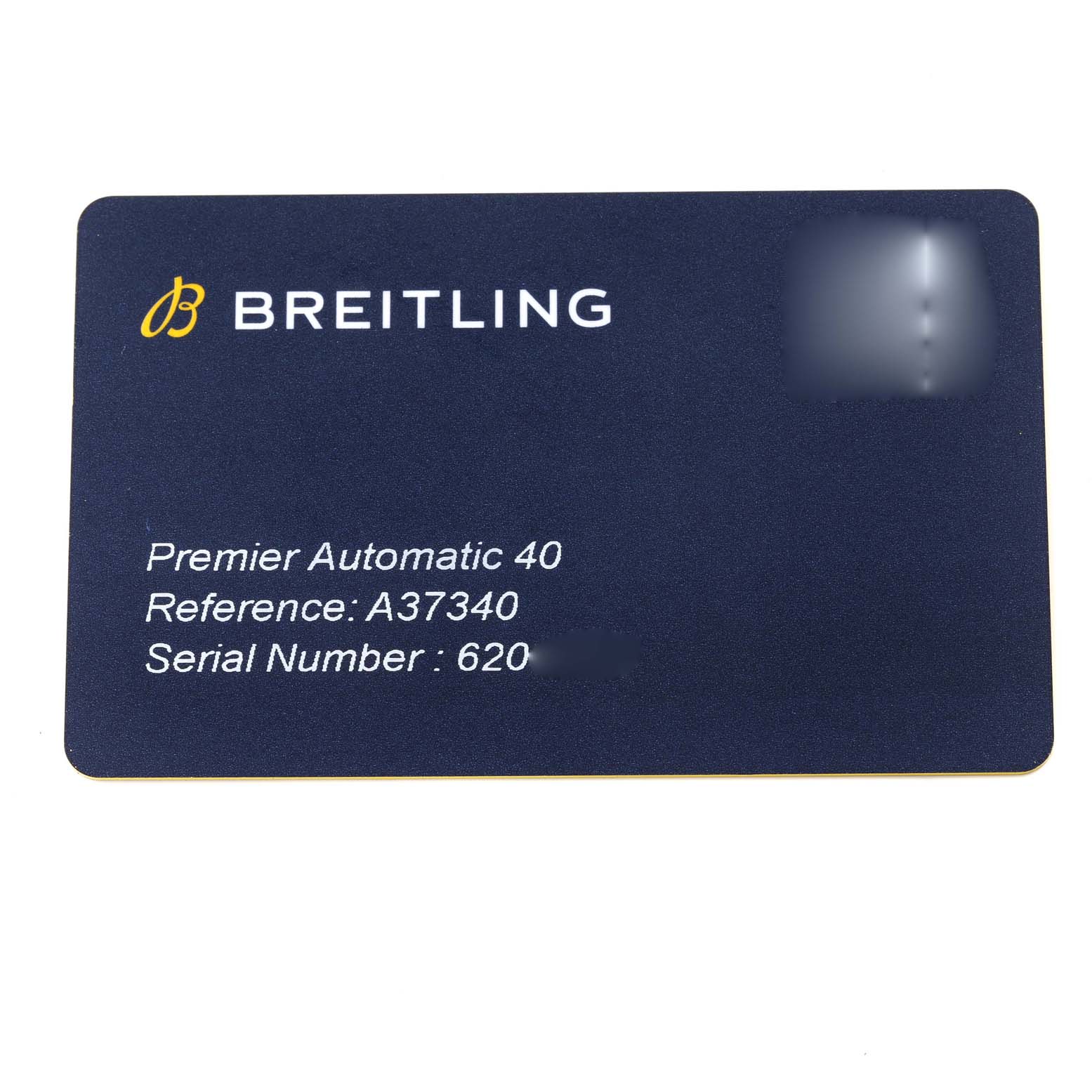 The image shows a Breitling Premier A37340351C1X2 Men's Stainless Steel Blue Dial A37340351C1X2 Men's Stainless Steel Blue Dial Automatic 40 warranty card with reference A37340 and serial number partially visible.